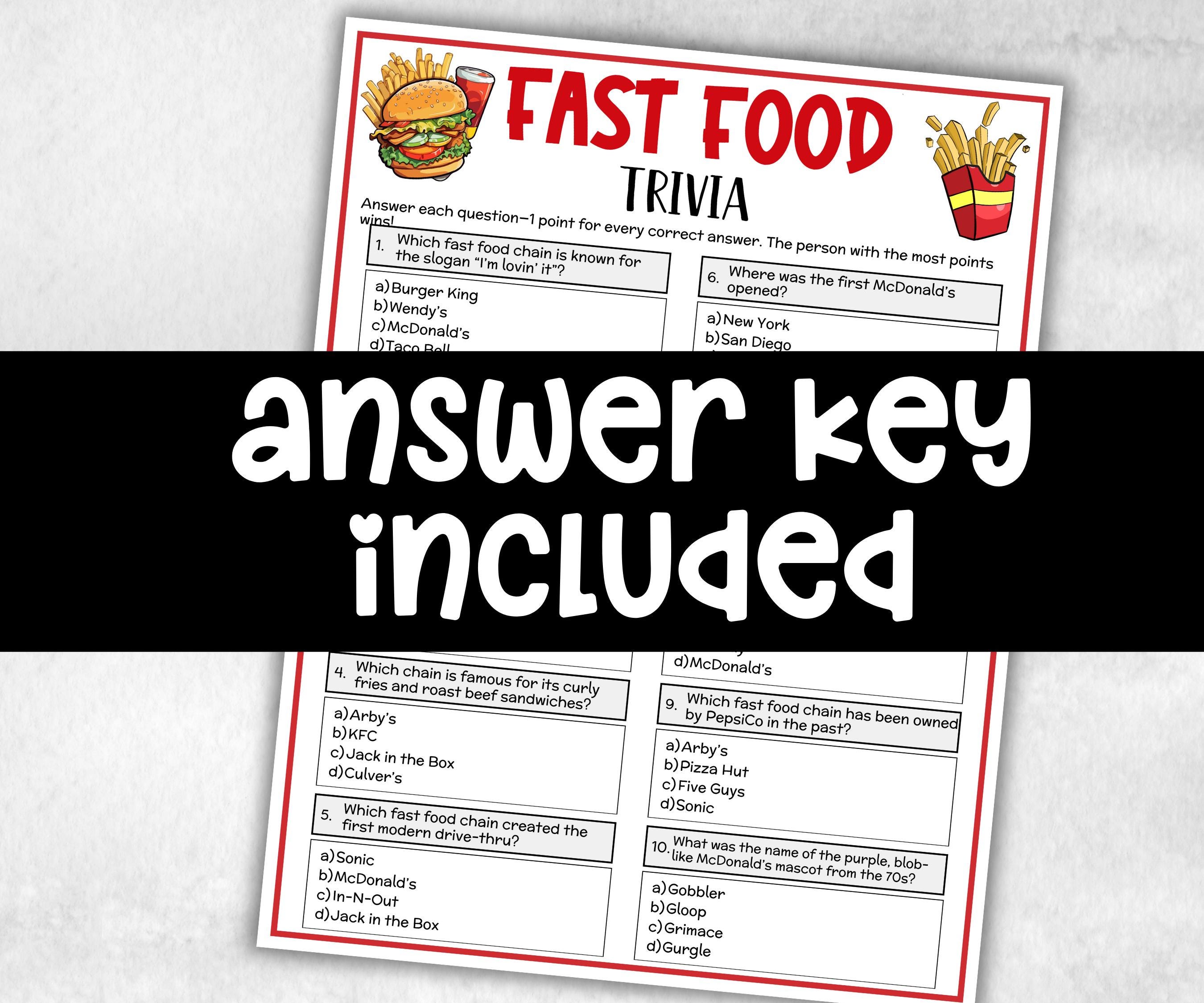 Fast Food Trivia, Family Game Night, Trivia for Seniors, Pub Trivia Quiz, Team Building, Family Reunion Game, 4th of July, Summer Trivia-Holidays -TheHustlingCatLady-Party Games