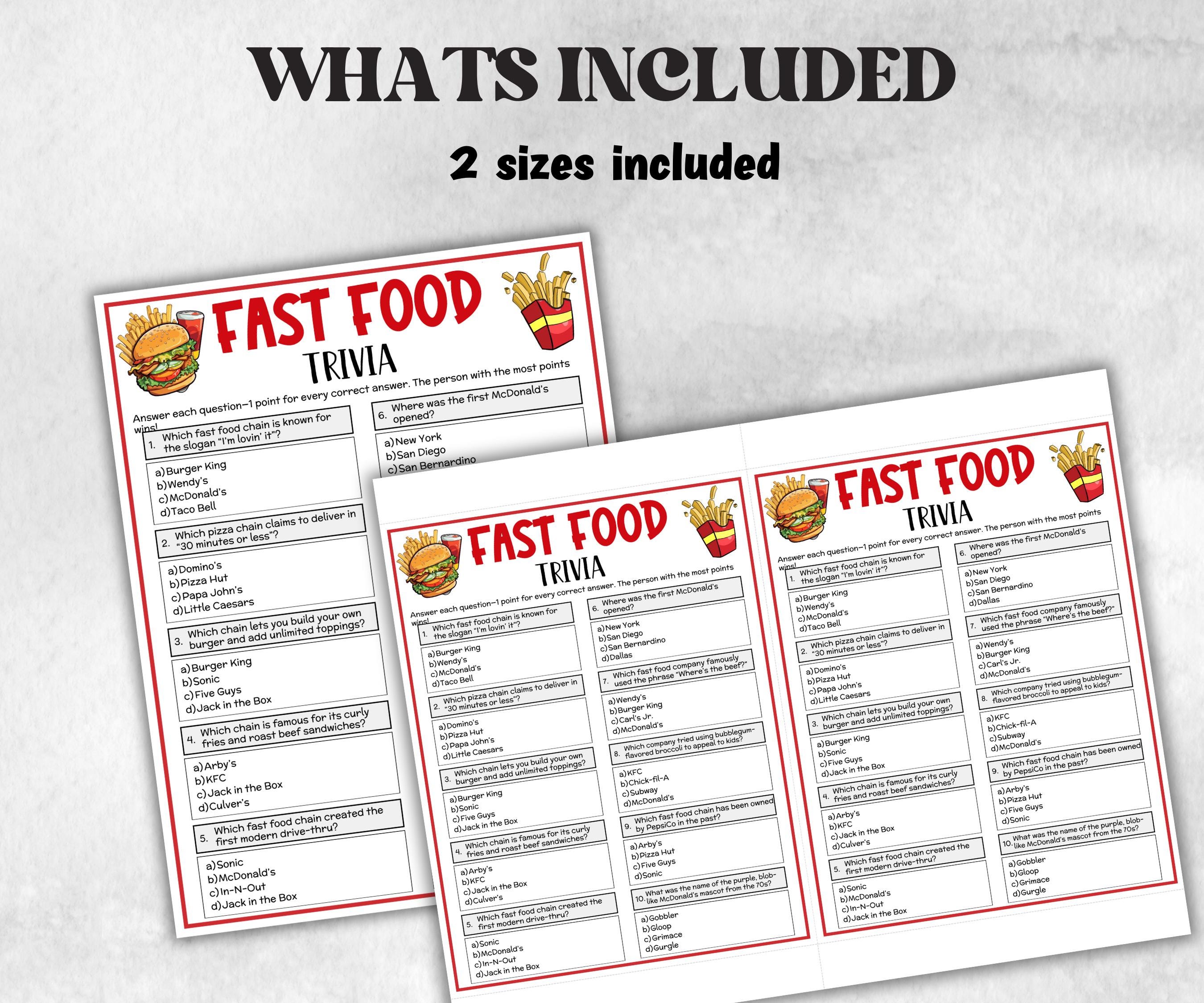 Fast Food Trivia, Family Game Night, Trivia for Seniors, Pub Trivia Quiz, Team Building, Family Reunion Game, 4th of July, Summer Trivia-Holidays -TheHustlingCatLady-Party Games