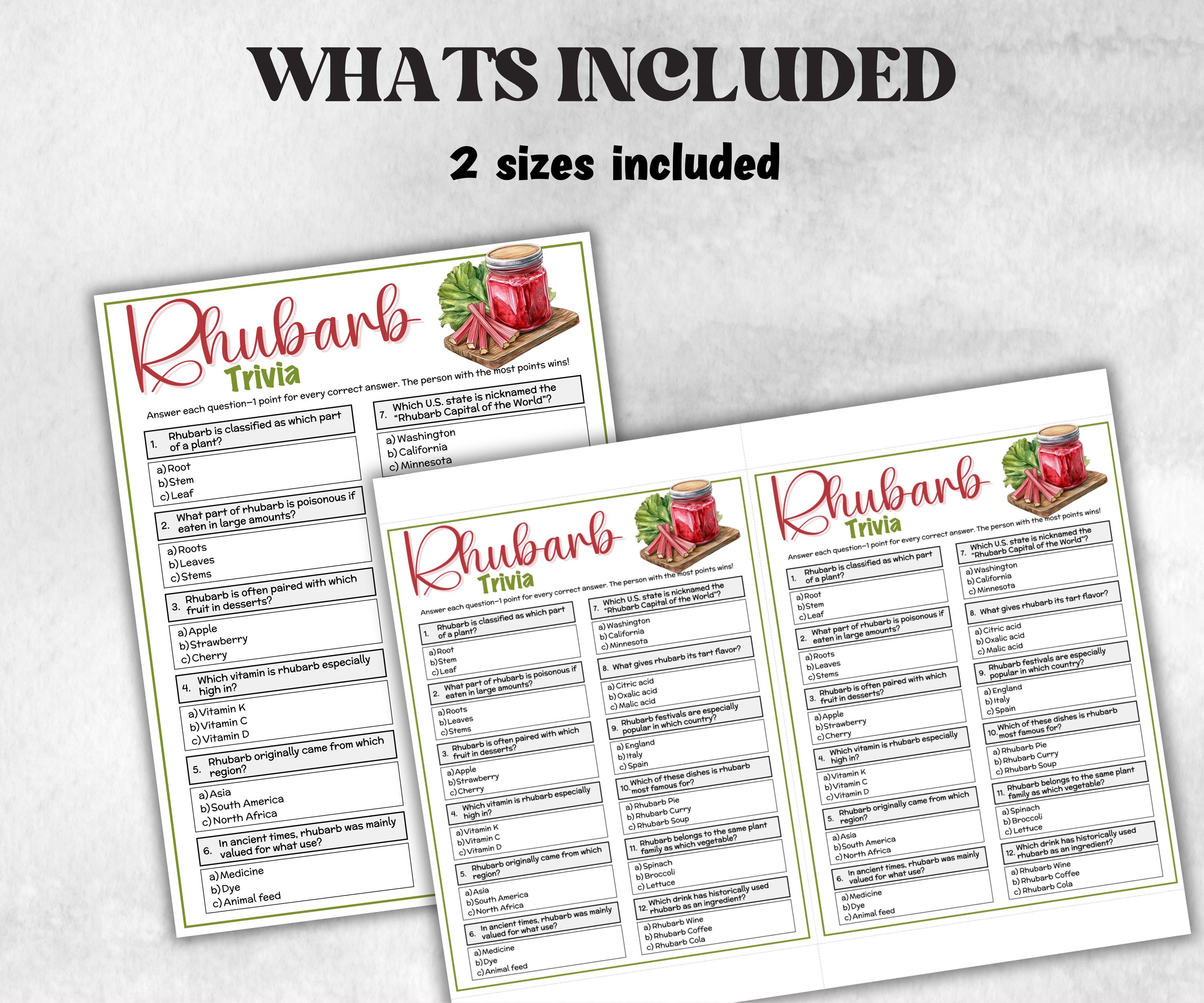 Rhubarb Trivia, Holiday Party, Family Game Night, Senior Center, Adult Party Quiz, July Fruit, Garden Themed Baby Shower, Ladies night quiz-Holidays -TheHustlingCatLady-Party Games