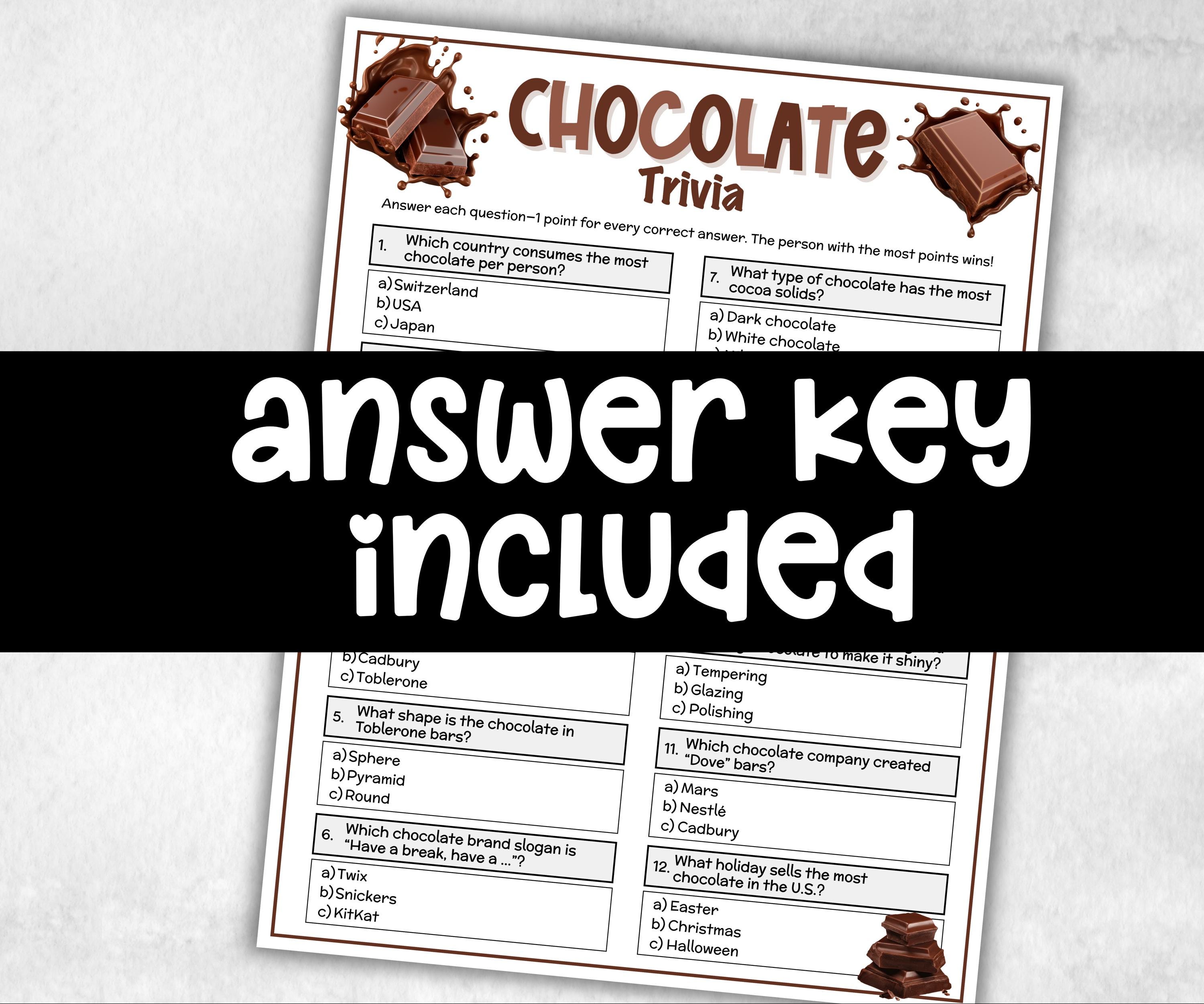 Chocolate Trivia, Family Game Night, Chocolate Day Quiz, Group Game, kid adult teen senior, team building, Ladies night, fun family activity-Holidays -TheHustlingCatLady-Party Games