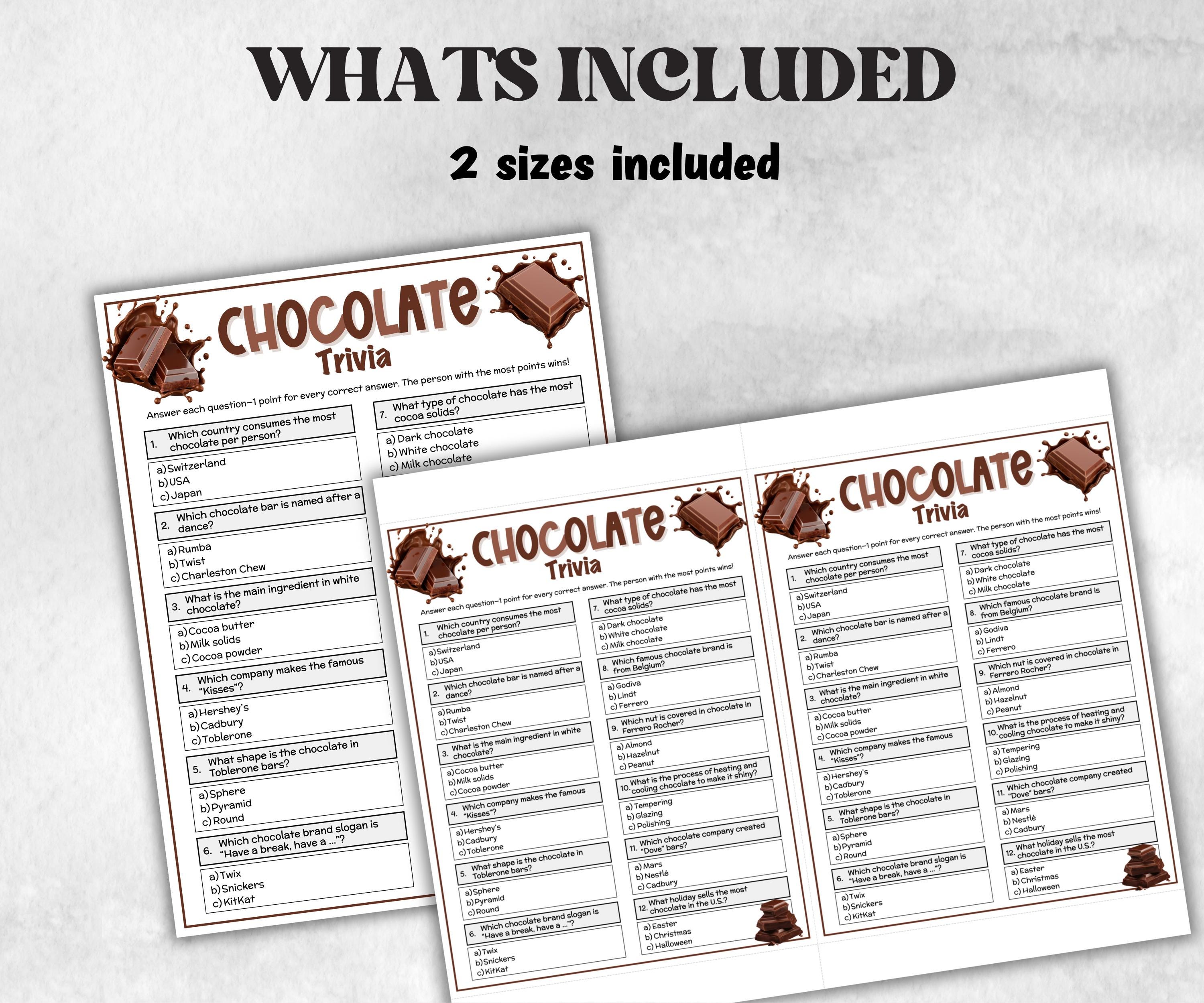 Chocolate Trivia, Family Game Night, Chocolate Day Quiz, Group Game, kid adult teen senior, team building, Ladies night, fun family activity-Holidays -TheHustlingCatLady-Party Games