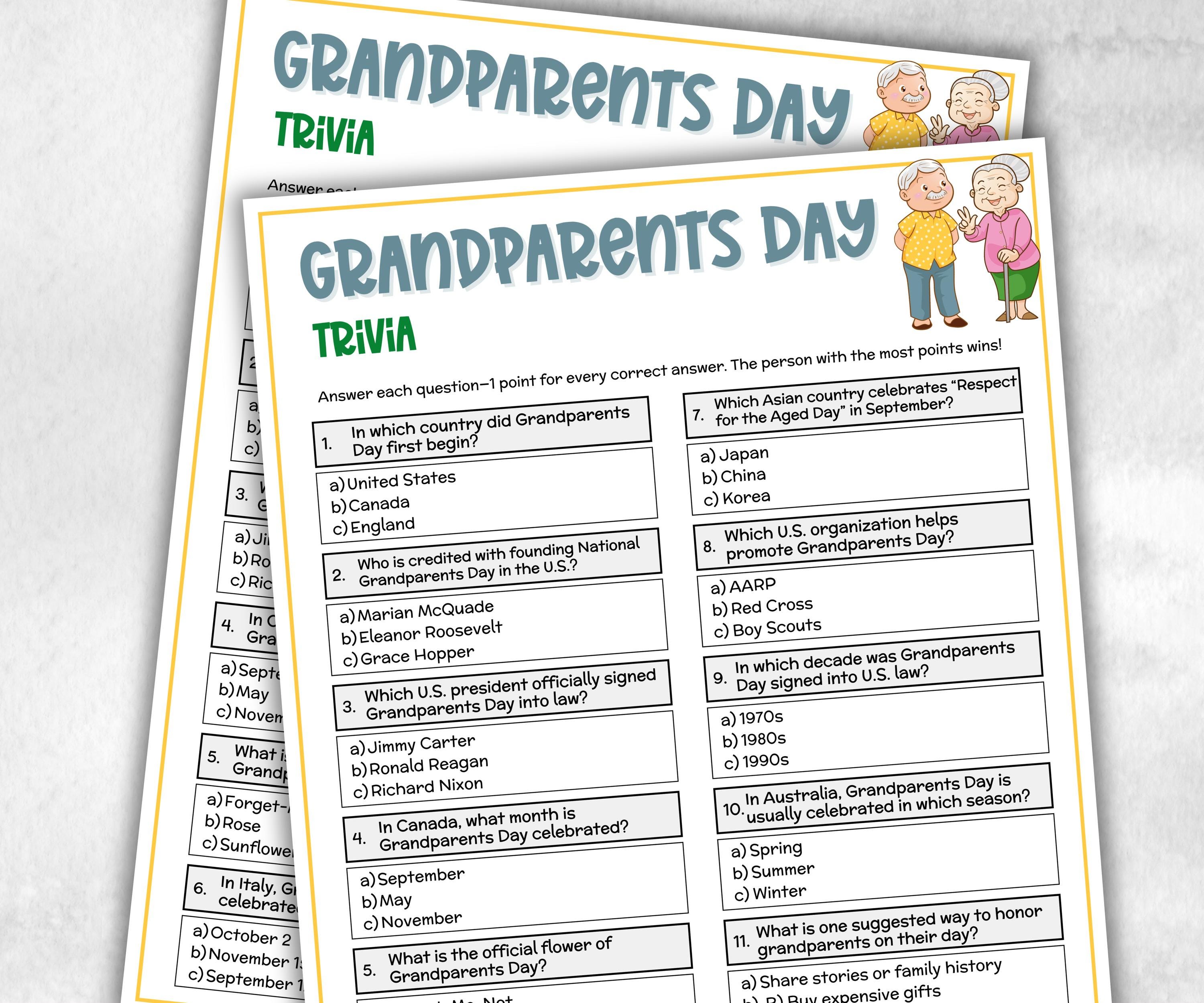 Grandparents Day Trivia, Grandkids Activity, Grandma Grandpa Party, Fun Family Trivia, Family Game Night, Tea Party, Grandpa Trivia Quiz-Holidays -TheHustlingCatLady-Party Games