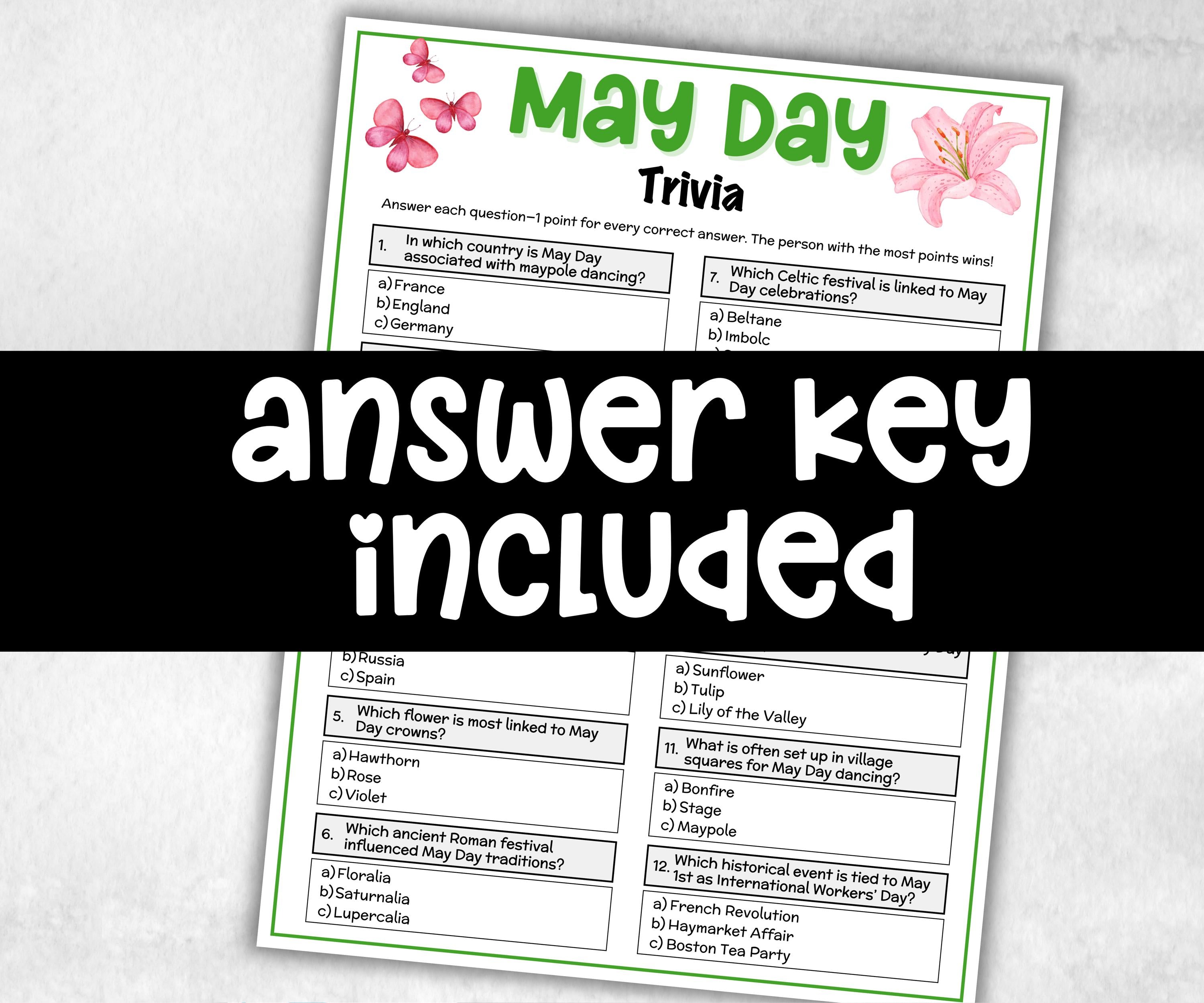May Day Trivia, Spring Activity, Trivia Question, Game For Seniors, Garden Party Spring Break, Family Game Night, Group Game, kid adult teen-Holidays -TheHustlingCatLady-Party Games
