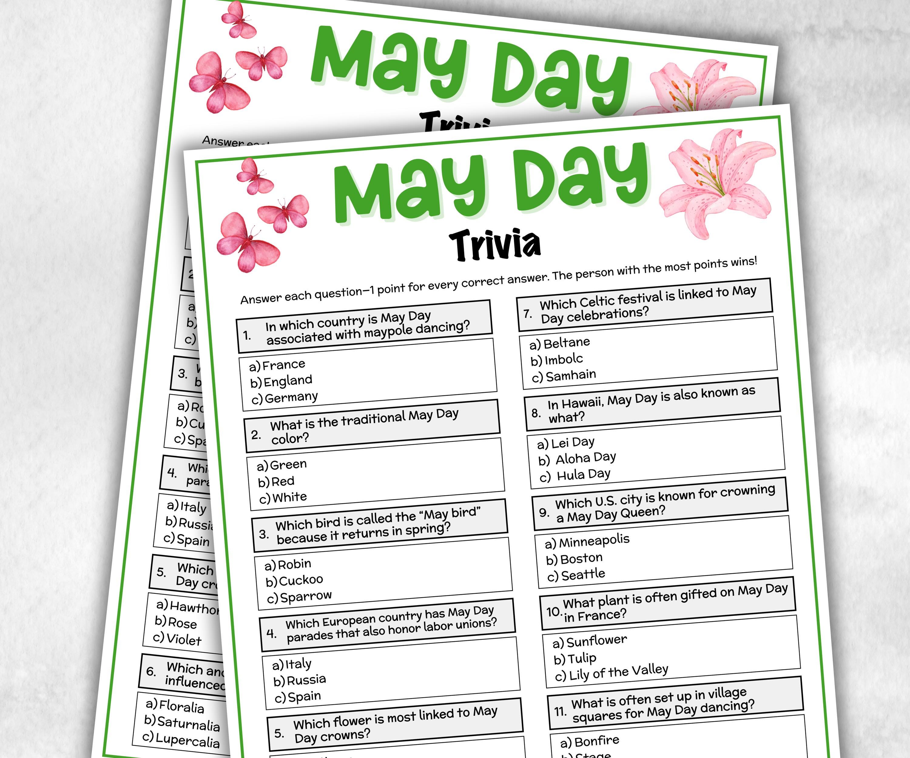 May Day Trivia, Spring Activity, Trivia Question, Game For Seniors, Garden Party Spring Break, Family Game Night, Group Game, kid adult teen-Holidays -TheHustlingCatLady-Party Games