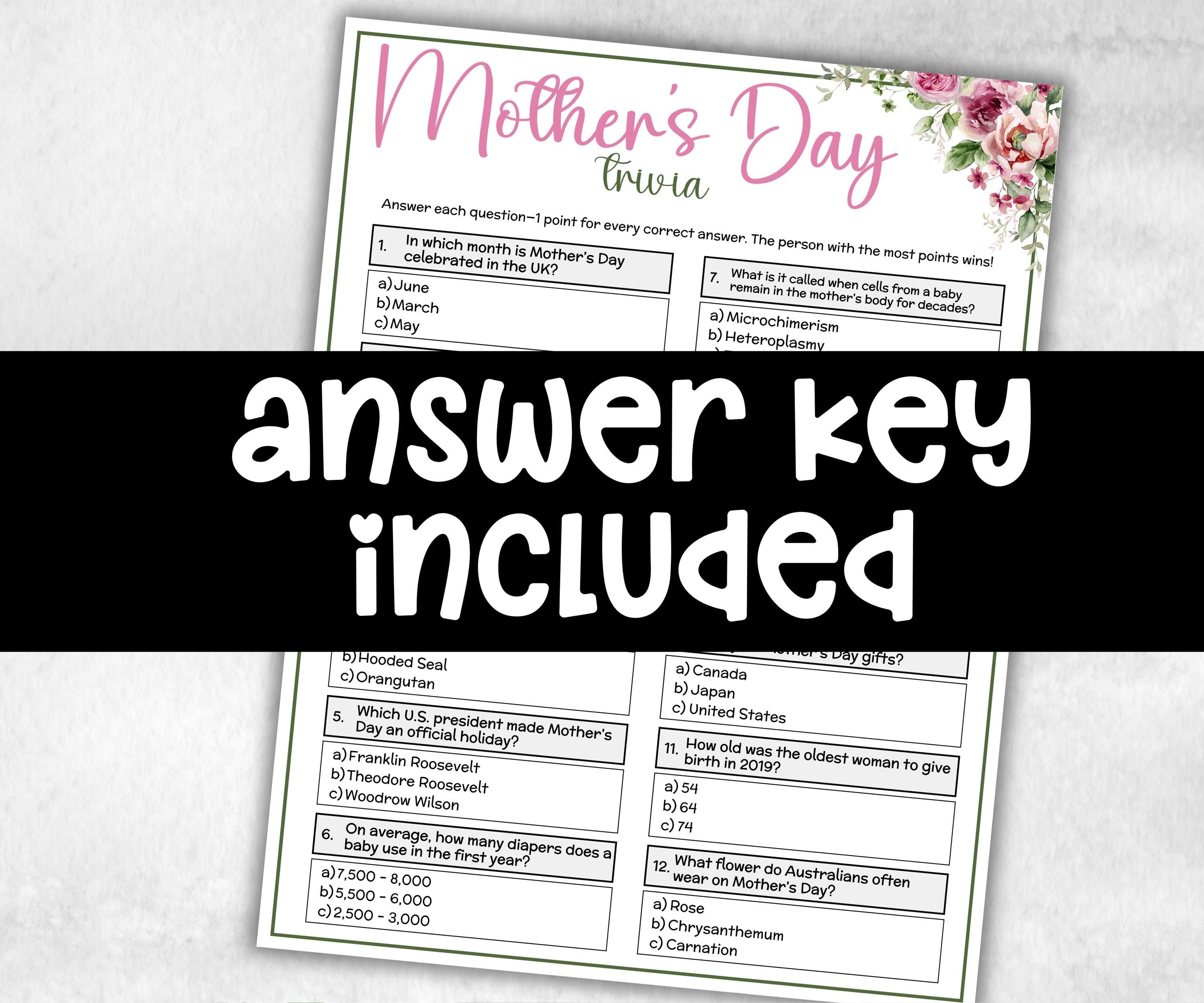 Printable Mother's Day Trivia, Family Game Night, Group Game, kid adult teen, Mom Mama Aunt Grandma Grandmom idea, mothers day birthday gift-Holidays -TheHustlingCatLady-Party Games