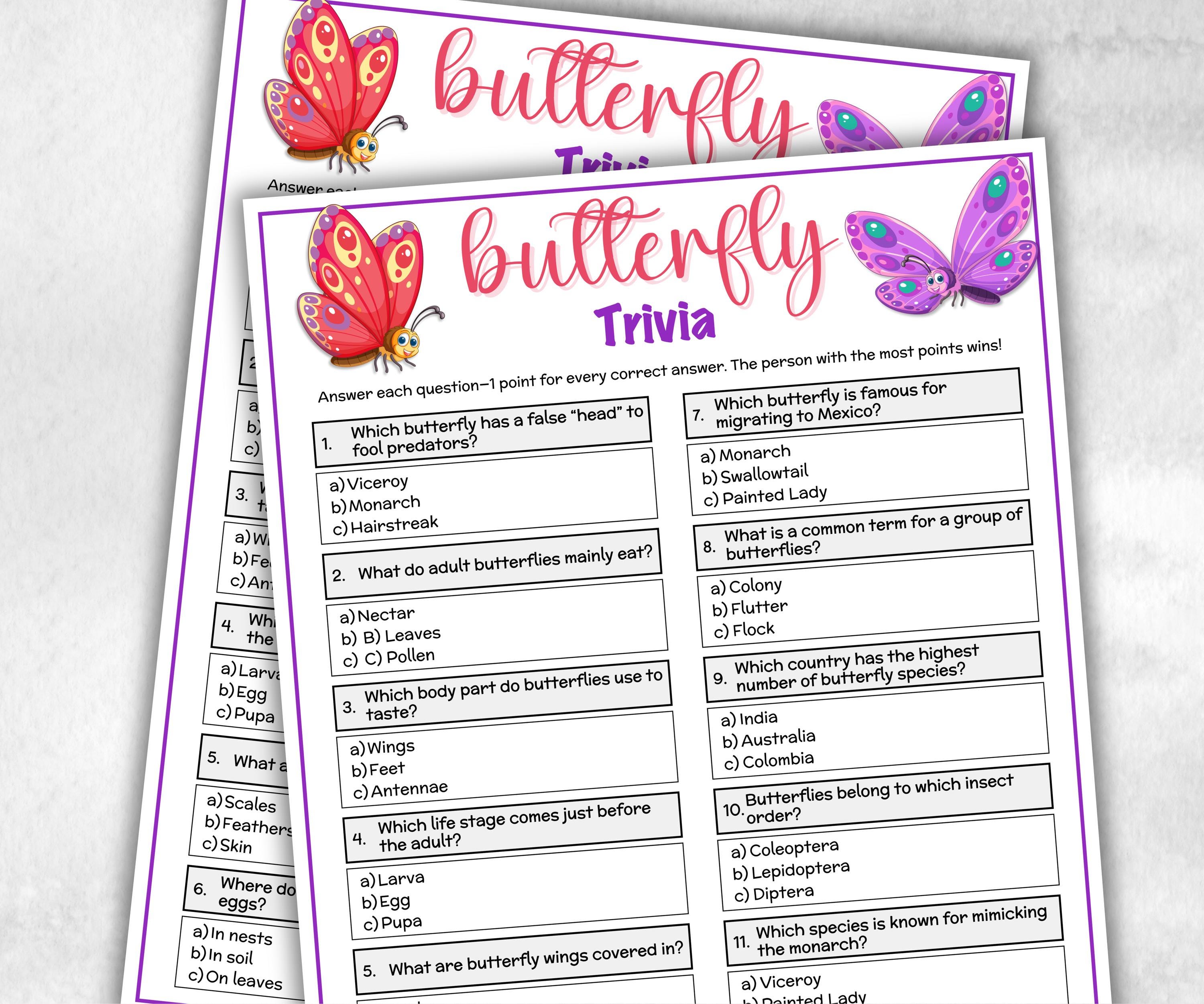 Butterfly Trivia, Spring Activity, Trivia Questions, Butterfly Baby shower, floral baby game, Floral bridal party, pink purple butterfly-Holidays -TheHustlingCatLady-Party Games