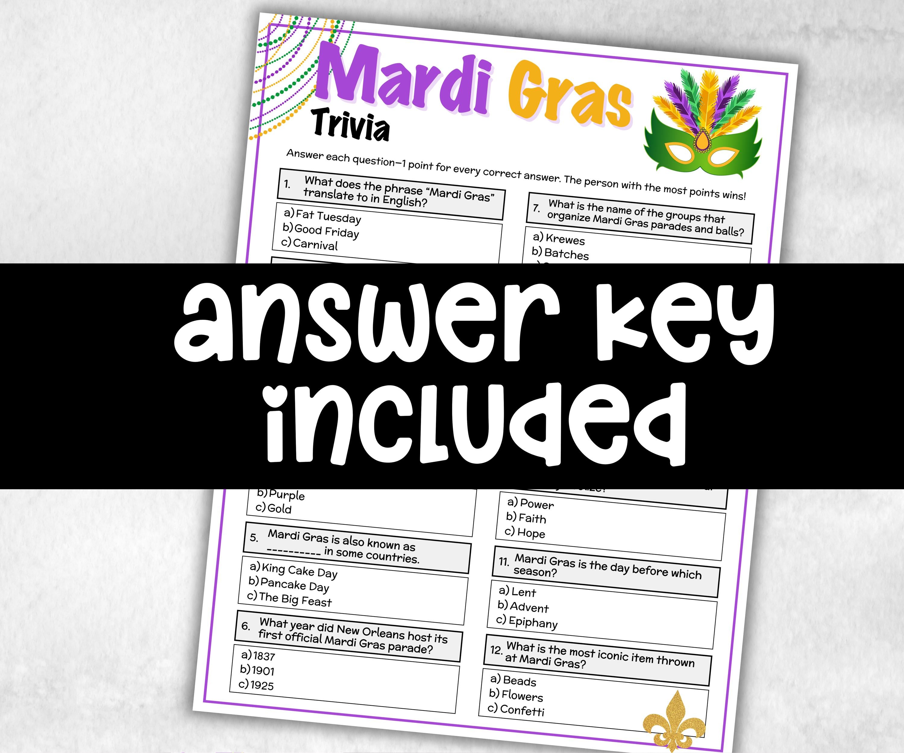 Mardi Gras Trivia, Mardi Gras Party Printable, Activity For Adults, New Orleans Party, Family Game Night, Carnival Party Quiz, Fat Tuesday-Holidays -TheHustlingCatLady-Party Games