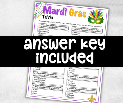 Mardi Gras Trivia, Mardi Gras Party Printable, Activity For Adults, New Orleans Party, Family Game Night, Carnival Party Quiz, Fat Tuesday-Holidays -TheHustlingCatLady-Party Games