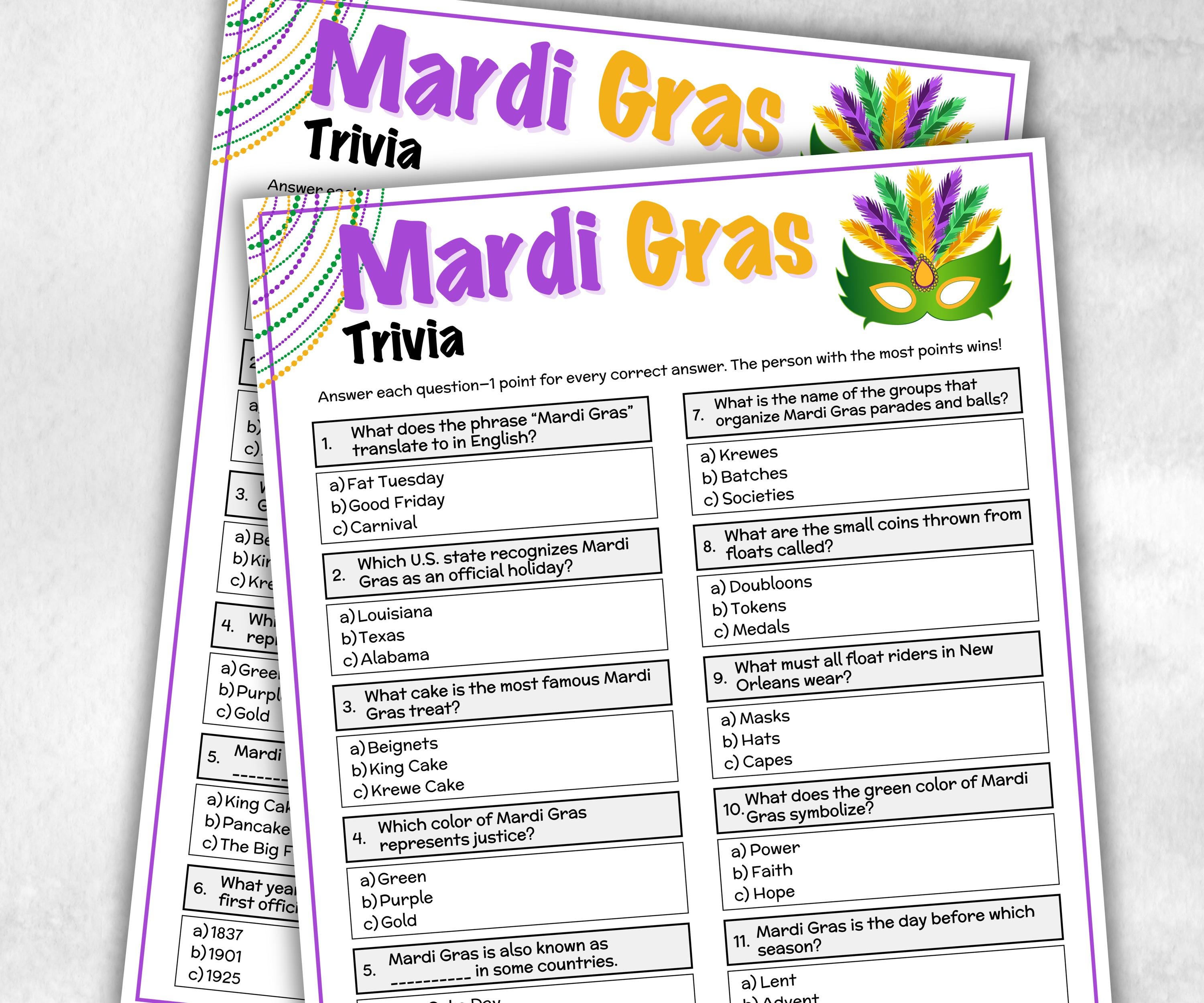 Mardi Gras Trivia, Mardi Gras Party Printable, Activity For Adults, New Orleans Party, Family Game Night, Carnival Party Quiz, Fat Tuesday-Holidays -TheHustlingCatLady-Party Games