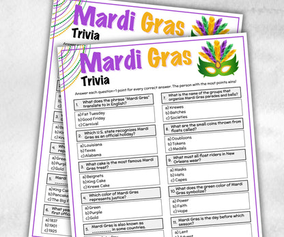 Mardi Gras Trivia, Mardi Gras Party Printable, Activity For Adults, New Orleans Party, Family Game Night, Carnival Party Quiz, Fat Tuesday-Holidays -TheHustlingCatLady-Party Games