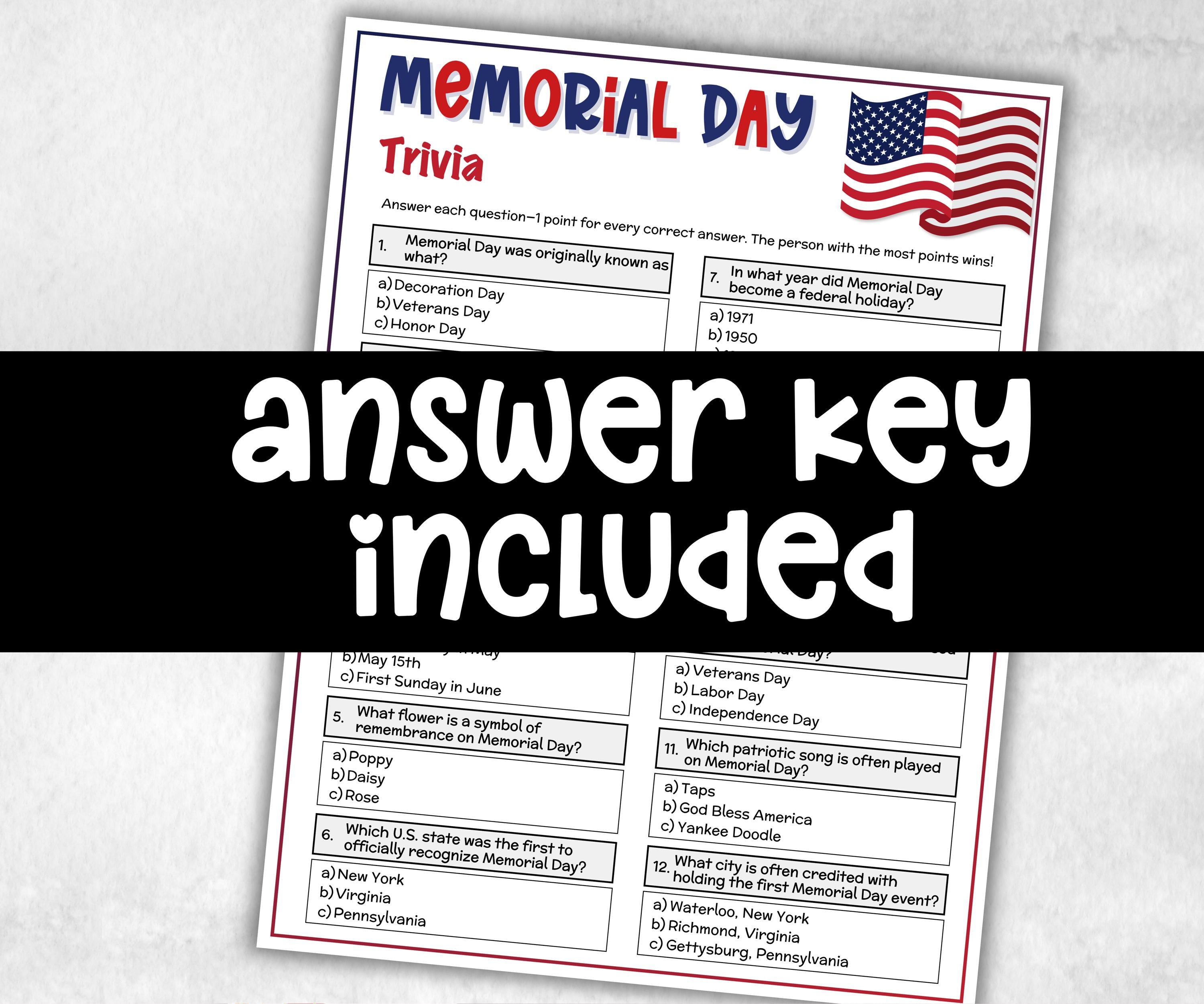 memorial day trivia, patriotic trivia, american indigenous party, american army quiz, Family Reunion, dinner party, army soldier military-Holidays -TheHustlingCatLady-Party Games
