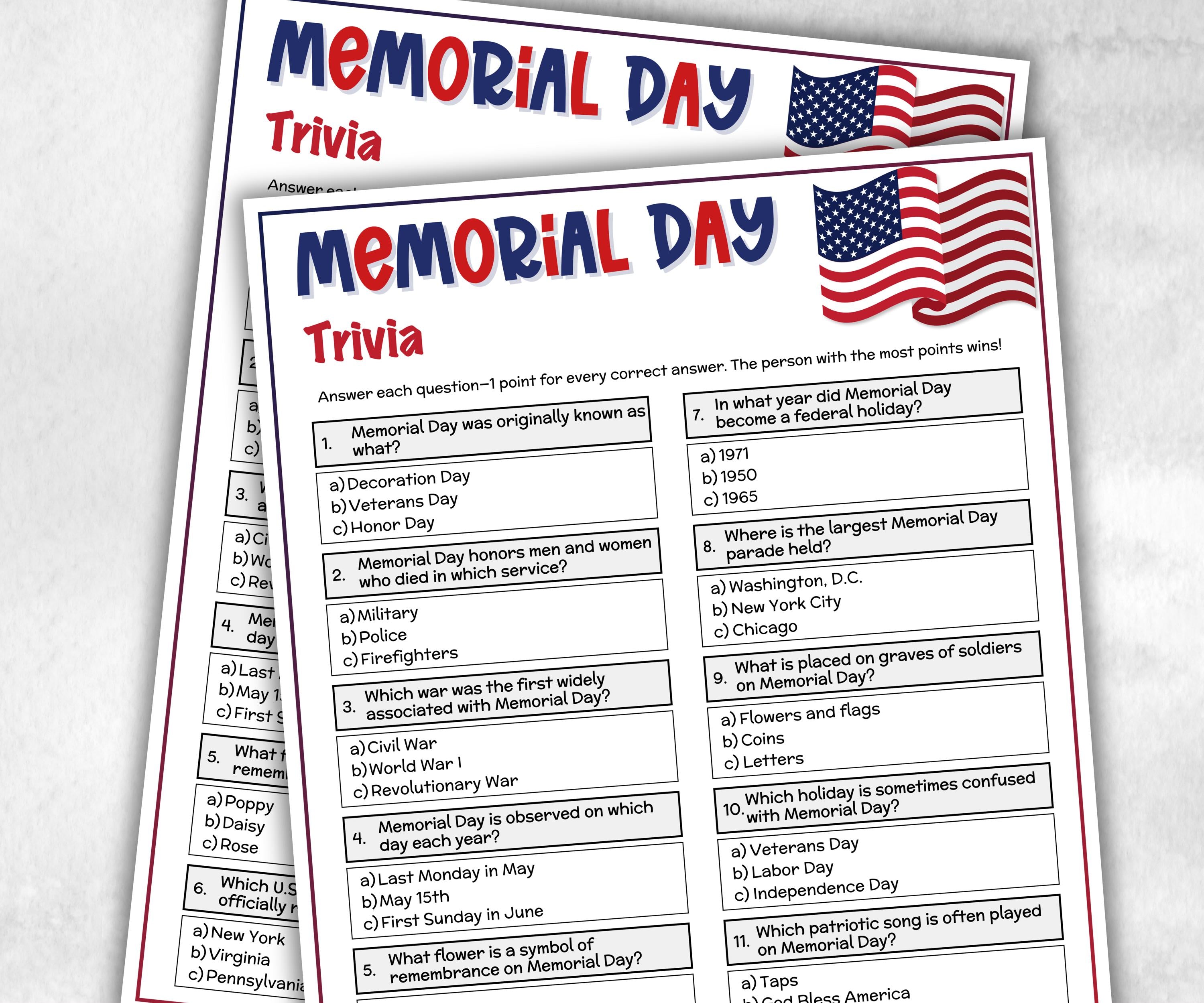 memorial day trivia, patriotic trivia, american indigenous party, american army quiz, Family Reunion, dinner party, army soldier military-Holidays -TheHustlingCatLady-Party Games