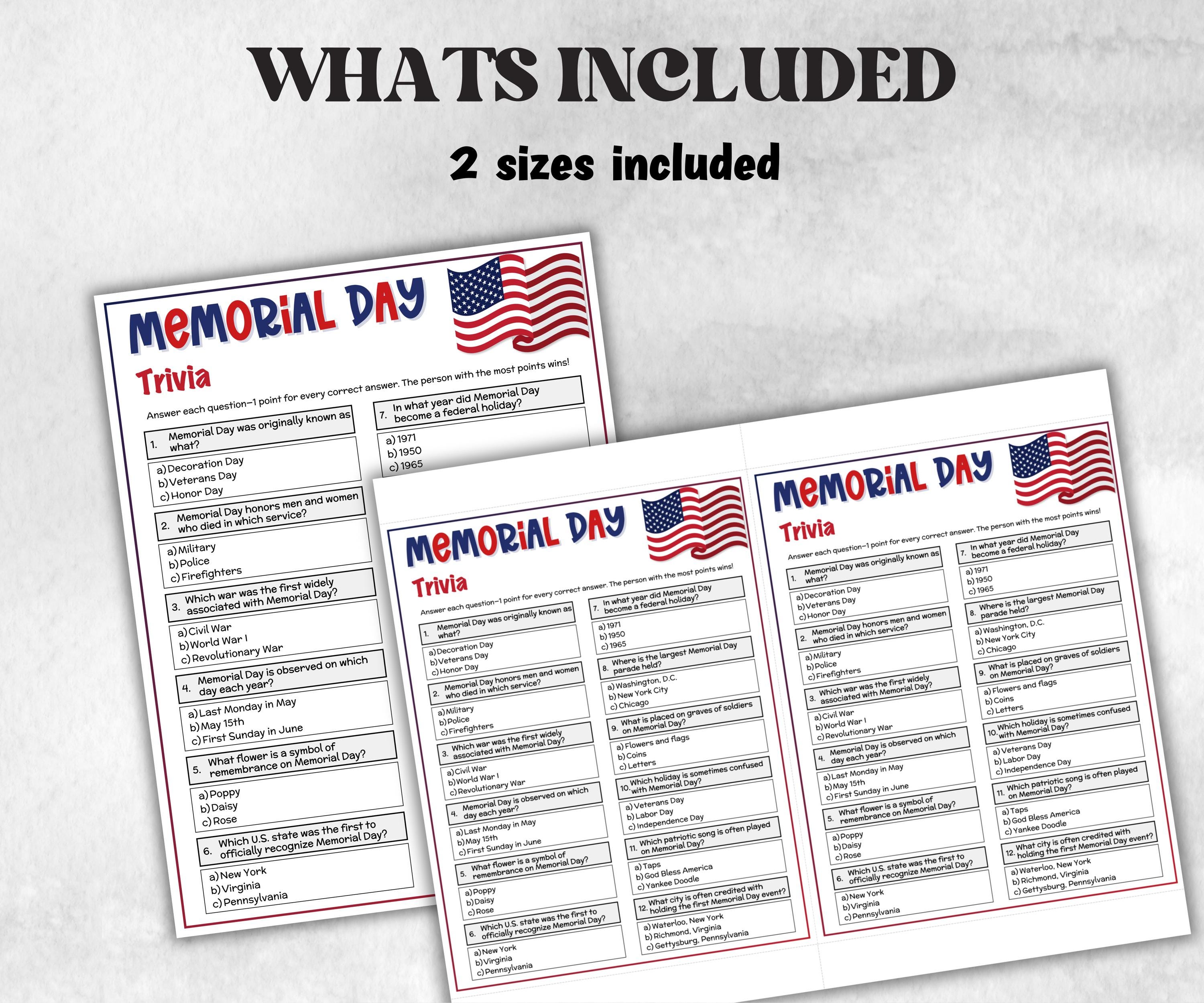 memorial day trivia, patriotic trivia, american indigenous party, american army quiz, Family Reunion, dinner party, army soldier military-Holidays -TheHustlingCatLady-Party Games
