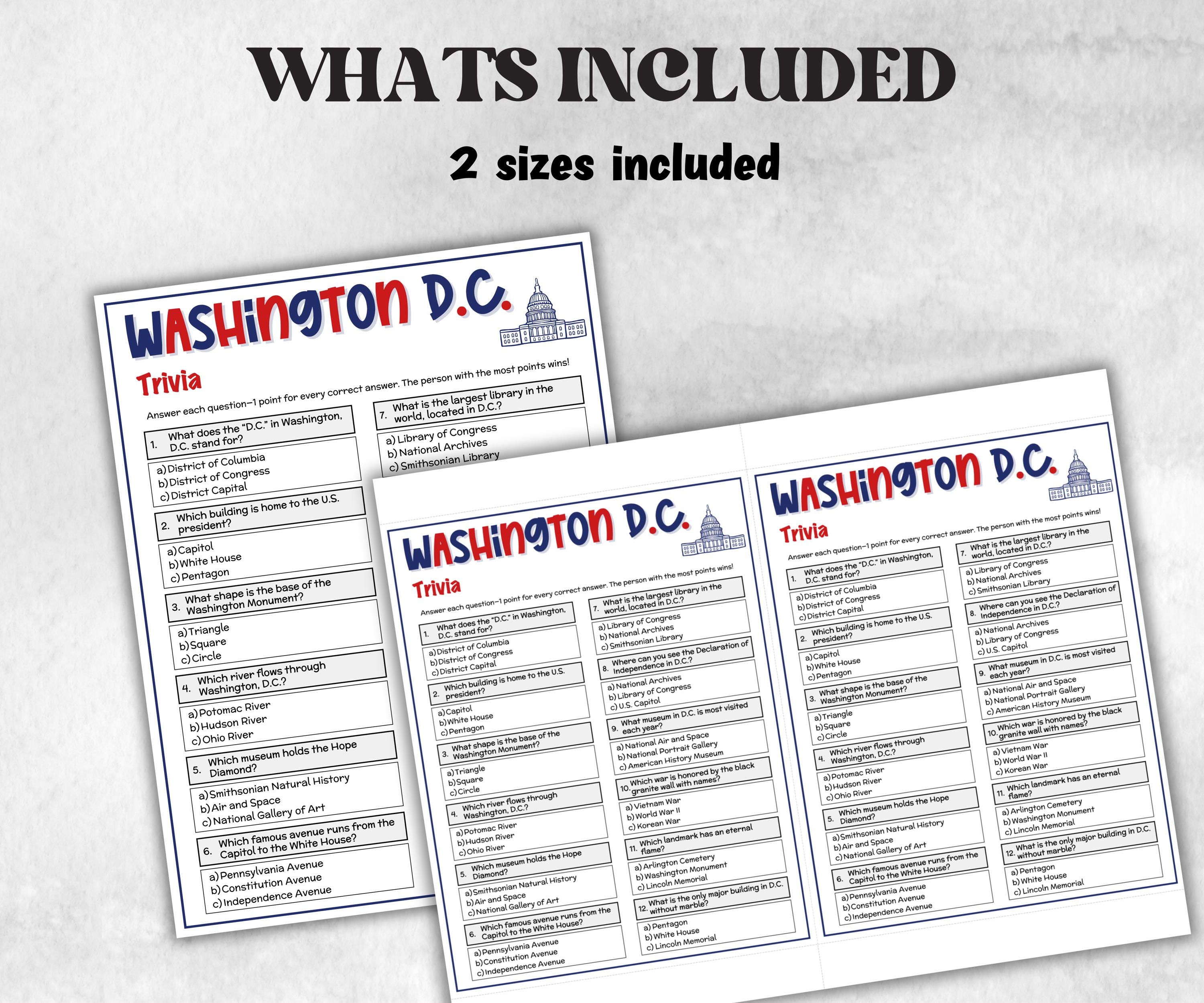 Washington DC trivia, Road trip game, USA roadtrip, 50 states, USA capital, dinner party ideas, kids, teen adult senior activity, vacation-Holidays -TheHustlingCatLady-Party Games