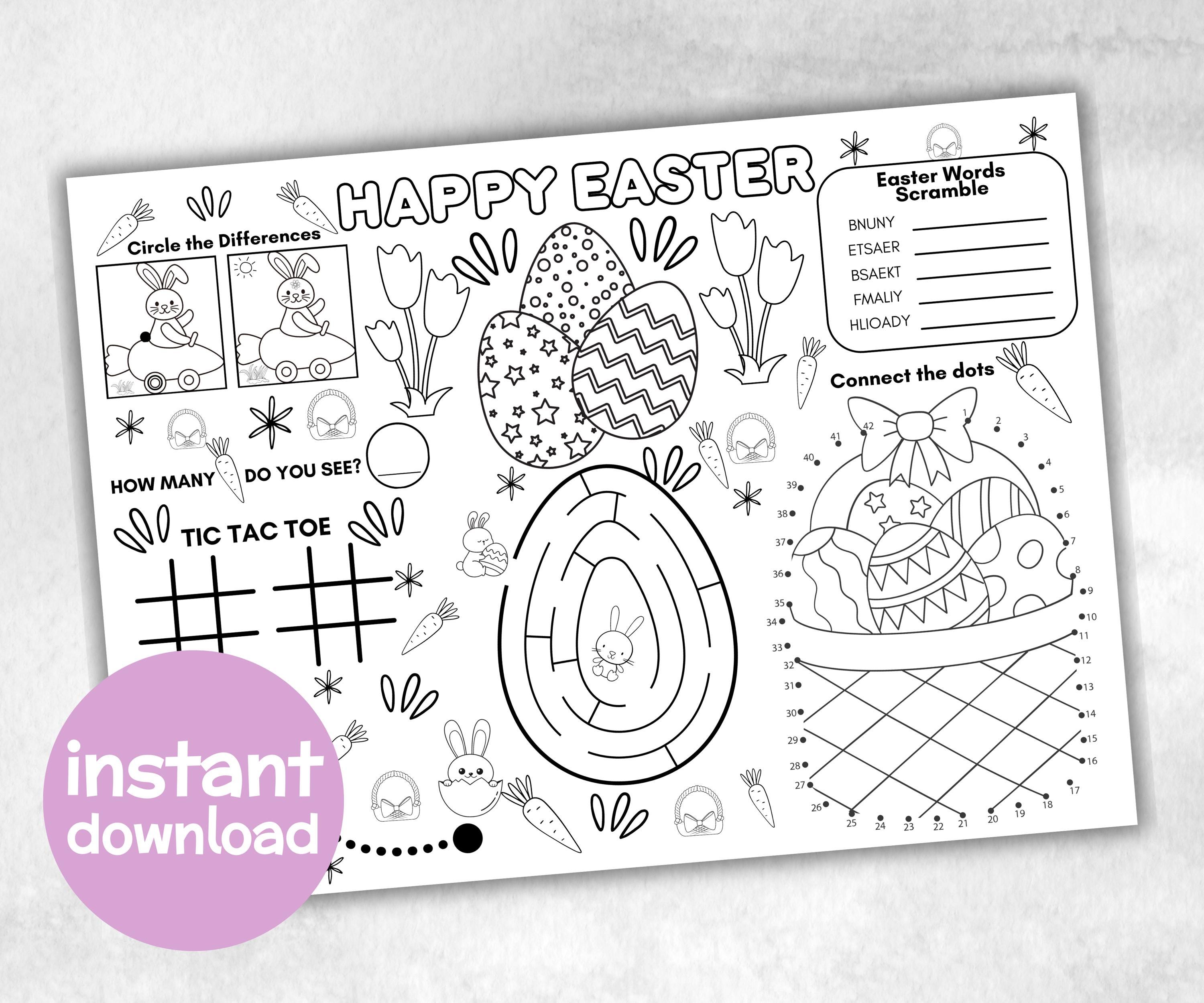 Easter Placemat, Activity Placemat, Easter Coloring Page, Kids Easter party, Christian Easter, Easter Worksheet, Table Decor, activity page-Holidays -TheHustlingCatLady-Party Games