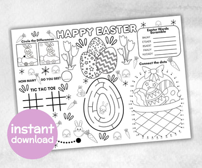 Easter Placemat, Activity Placemat, Easter Coloring Page, Kids Easter party, Christian Easter, Easter Worksheet, Table Decor, activity page-Holidays -TheHustlingCatLady-Party Games
