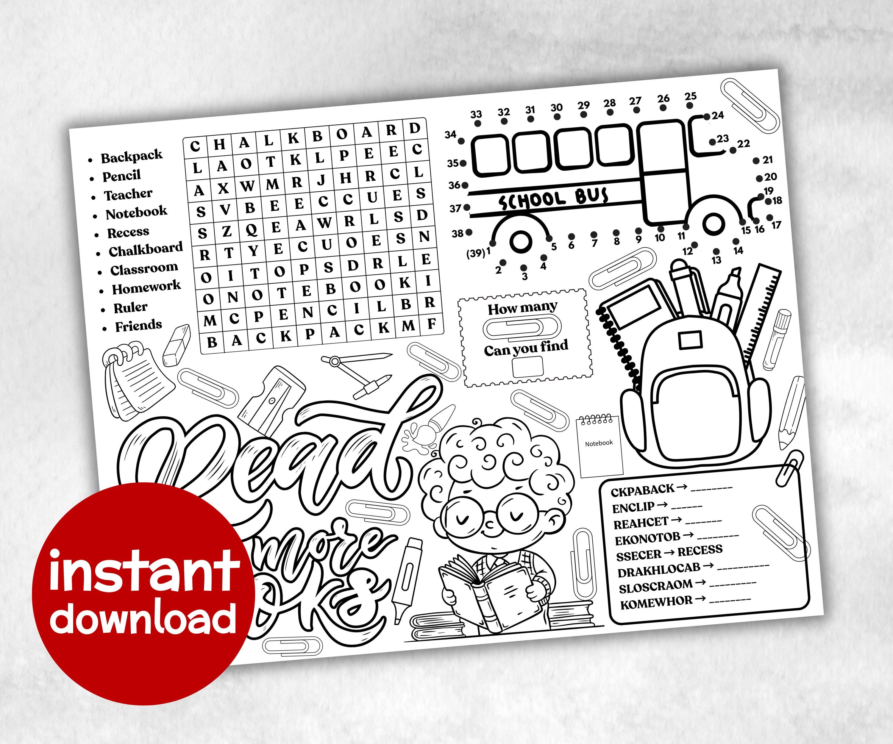 Back to school Placemat, First Day Of School, Classroom Activity, Coloring Placemats, Teacher Resources, Homeschool Activity, Learning sheet-Holidays -TheHustlingCatLady-Party Games