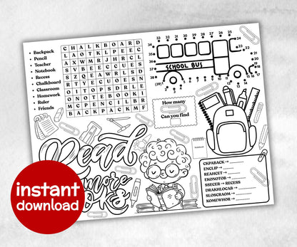 Back to school Placemat, First Day Of School, Classroom Activity, Coloring Placemats, Teacher Resources, Homeschool Activity, Learning sheet-Holidays -TheHustlingCatLady-Party Games