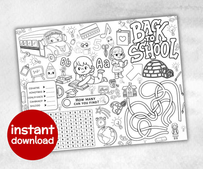 Back to school Placemat, First Day Of School, Classroom Activity, Coloring Placemats, Teacher Resources, Homeschool Activity, Learning sheet-Holidays -TheHustlingCatLady-Party Games