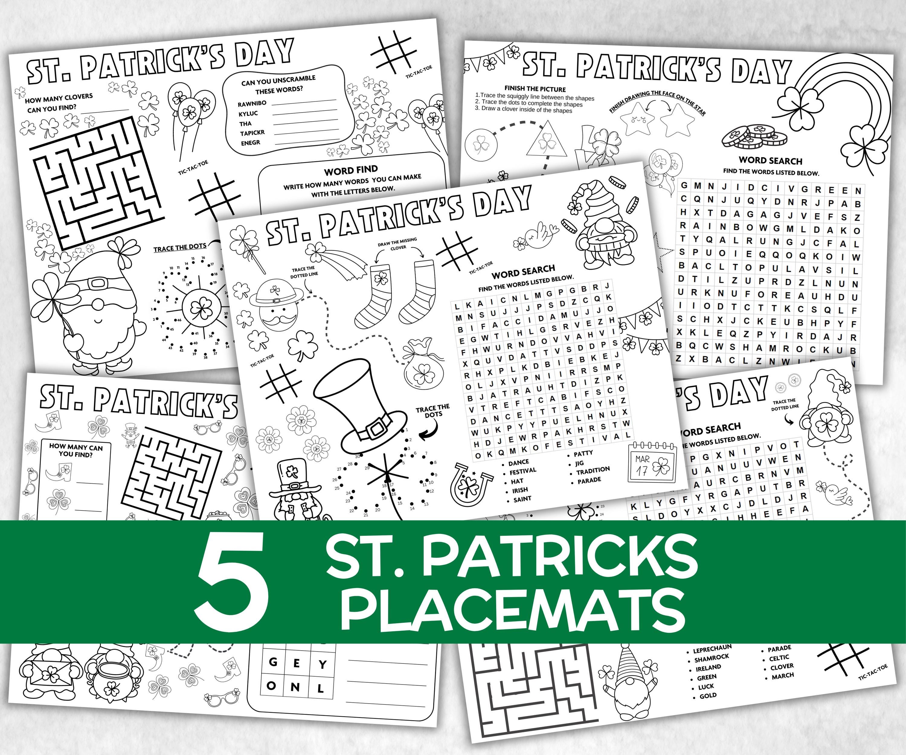 St.patricks day Placemat, Activity Placemat, Puzzles Placemat, st patrick kid craft, st patricks games, leprechaun activity, Coloring Page-Holidays -TheHustlingCatLady-Party Games