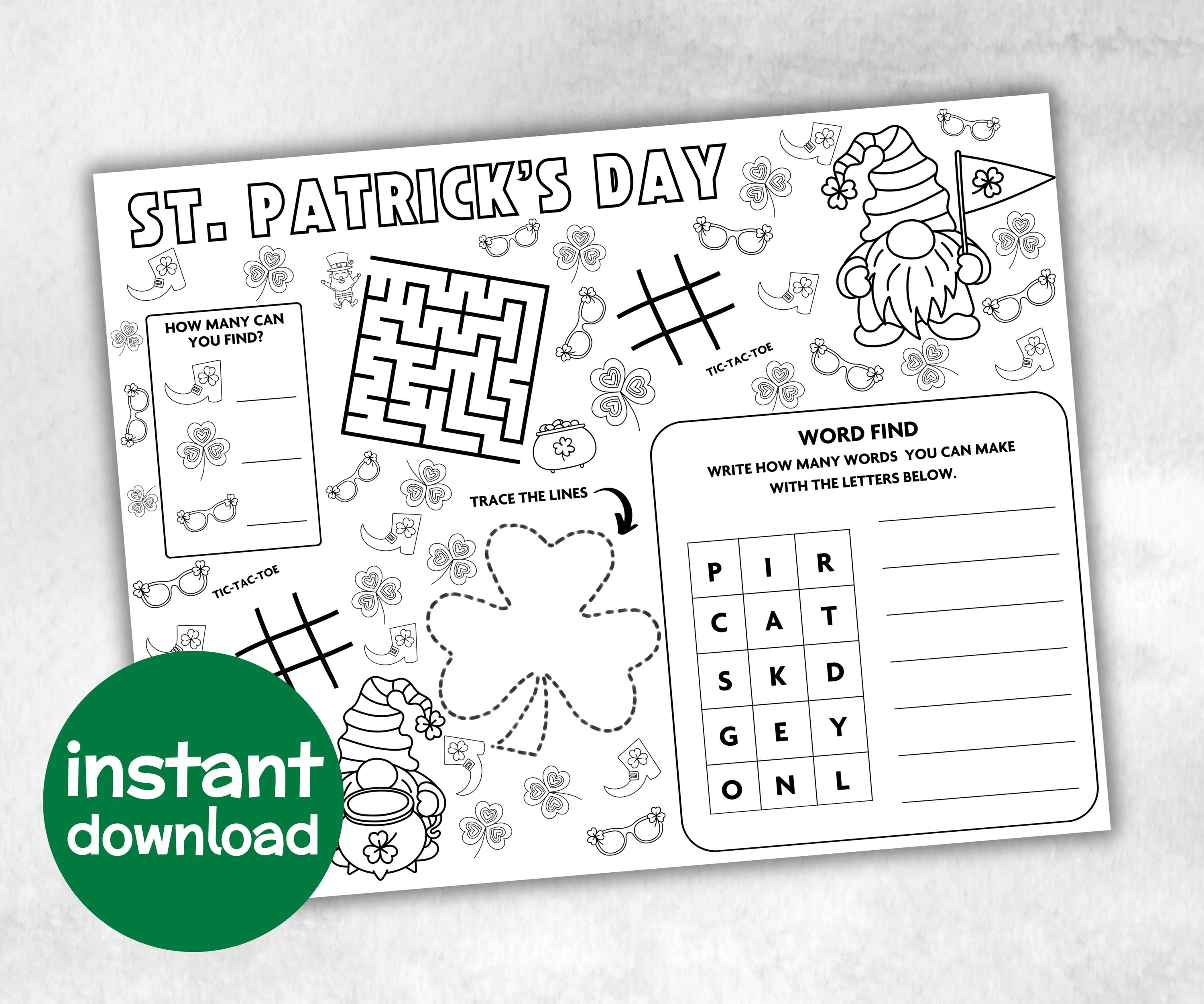 St.patricks day Placemat, Activity Placemat, Puzzles Placemat, st patrick kid craft, st patricks games, leprechaun activity, Coloring Page-Holidays -TheHustlingCatLady-Party Games