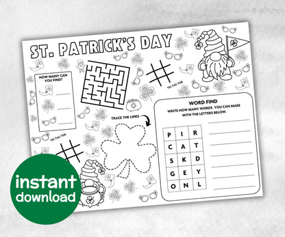 St.patricks day Placemat, Activity Placemat, Puzzles Placemat, st patrick kid craft, st patricks games, leprechaun activity, Coloring Page-Holidays -TheHustlingCatLady-Party Games