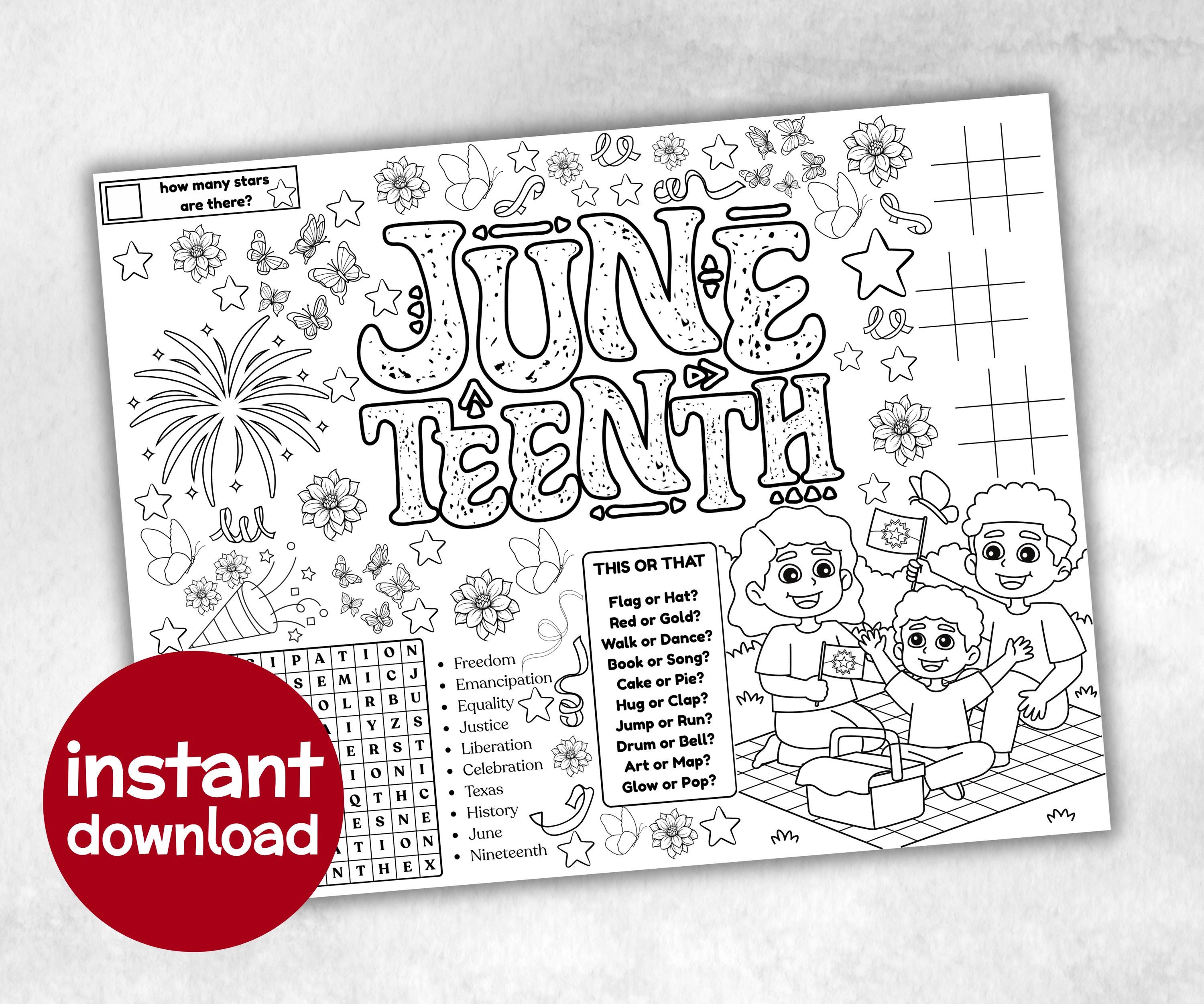 Juneteenth printable Placemat, Black History, african american, Dinner games, Juneteenth School, Juneteenth Activity, coloring page activity-Holidays -TheHustlingCatLady-Party Games
