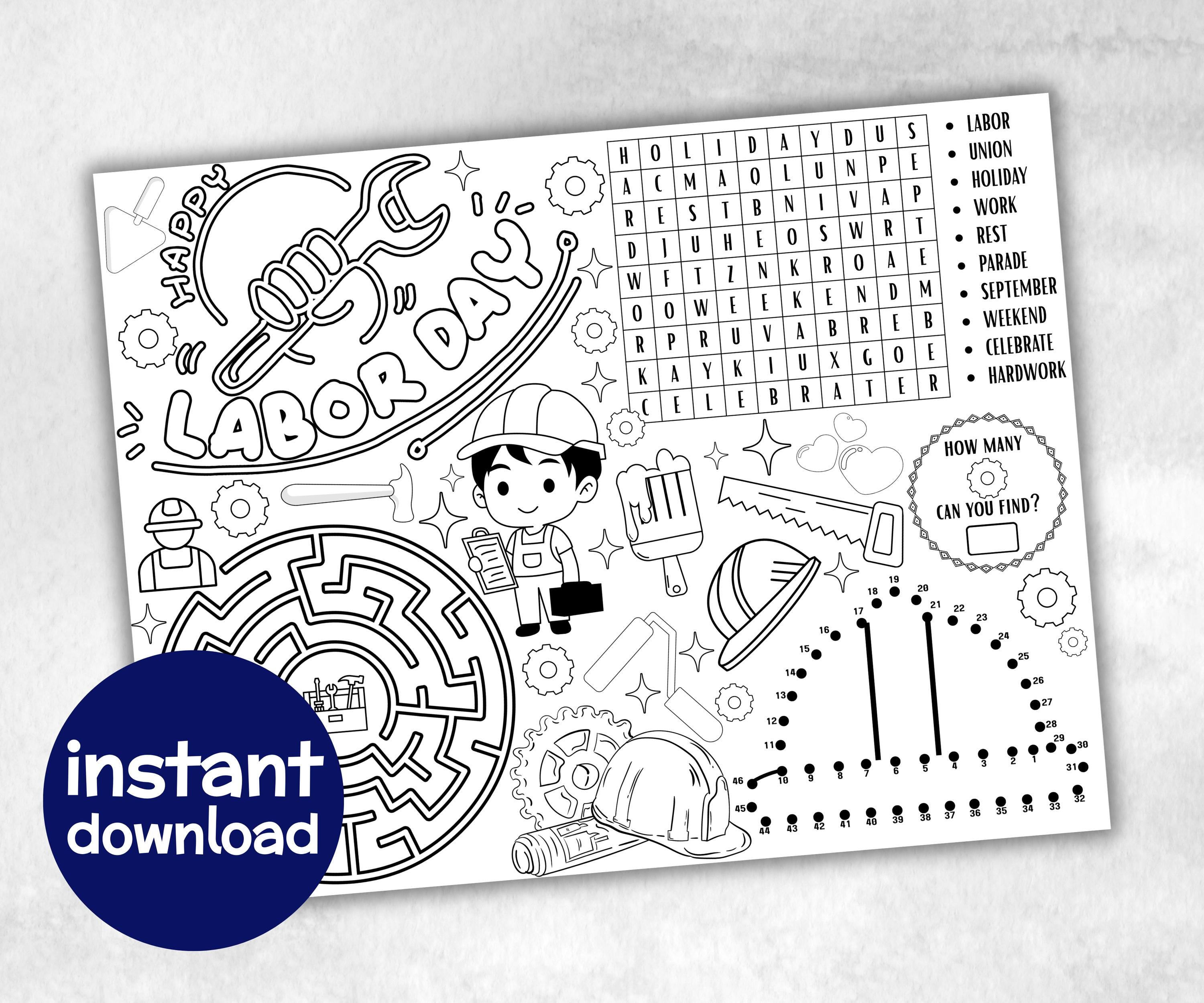 Labor Day printable Placemat, Labor Day Activity, coloring page, America Game, Patriotic Party Game, Memorial Day, Games For Kids, puzzles-Holidays -TheHustlingCatLady-Party Games