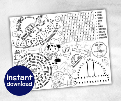 Labor Day printable Placemat, Labor Day Activity, coloring page, America Game, Patriotic Party Game, Memorial Day, Games For Kids, puzzles-Holidays -TheHustlingCatLady-Party Games