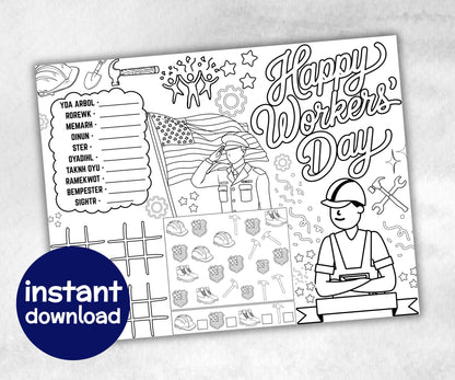 Labor Day printable Placemat, Labor Day Activity, coloring page, America Game, Patriotic Party Game, Memorial Day, Games For Kids, puzzles-Holidays -TheHustlingCatLady-Party Games