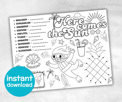 Summer Placemat, Activity Placemat, Puzzles Placemat, coloring page, beach day, kids Activity, Spring Placemats, Summer Camp, Summertime-Holidays -TheHustlingCatLady-Party Games