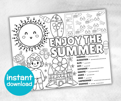 Summer Placemat, Activity Placemat, Puzzles Placemat, coloring page, beach day, kids Activity, Spring Placemats, Summer Camp, Summertime-Holidays -TheHustlingCatLady-Party Games