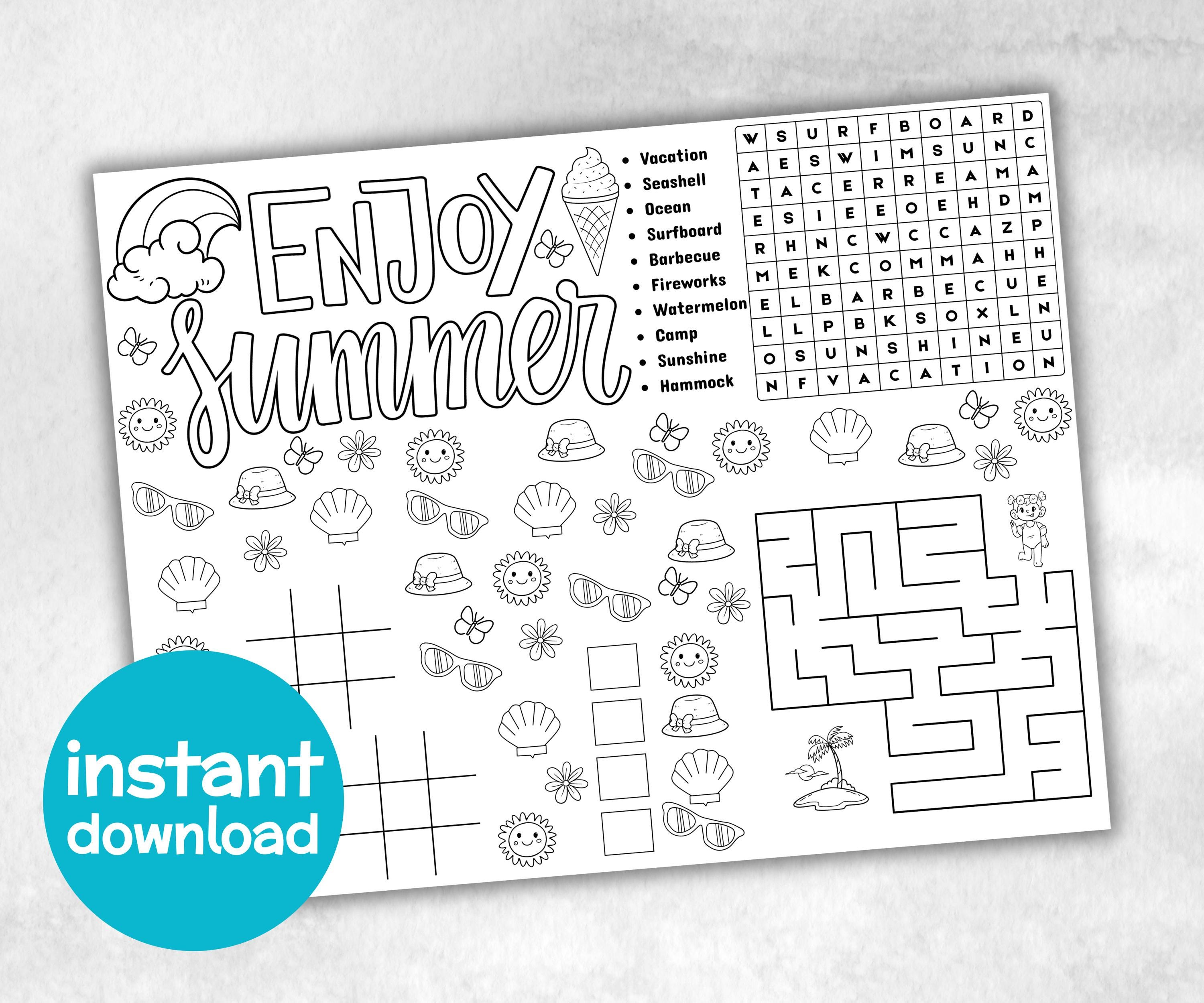 Summer Placemat, Activity Placemat, Puzzles Placemat, coloring page, beach day, kids Activity, Spring Placemats, Summer Camp, Summertime-Holidays -TheHustlingCatLady-Party Games