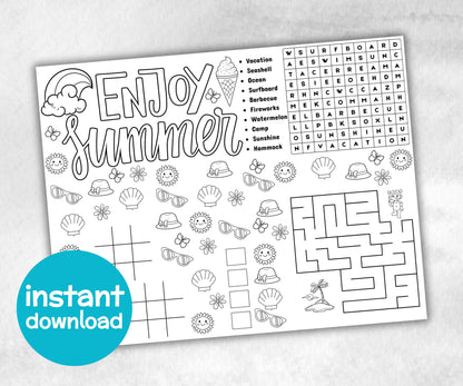 Summer Placemat, Activity Placemat, Puzzles Placemat, coloring page, beach day, kids Activity, Spring Placemats, Summer Camp, Summertime-Holidays -TheHustlingCatLady-Party Games
