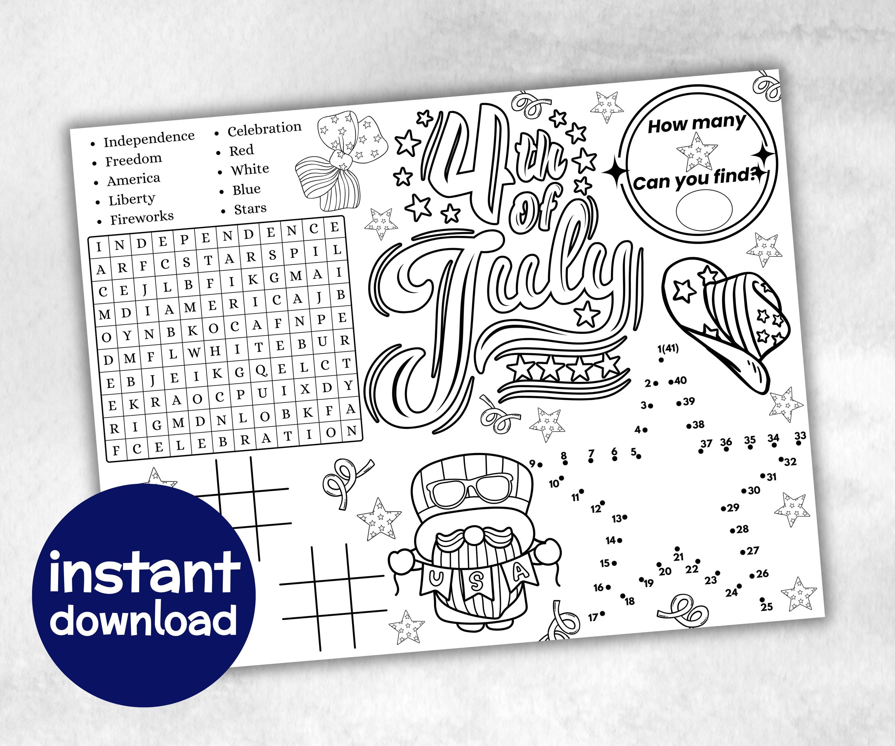 Fourth of July Placemat, Activity Placemat, Puzzles coloring page, independence day, 4th of july, Barbeque BBQ game, patriotic bundle, quiz-Holidays -TheHustlingCatLady-Party Games