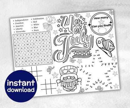 Fourth of July Placemat, Activity Placemat, Puzzles coloring page, independence day, 4th of july, Barbeque BBQ game, patriotic bundle, quiz-Holidays -TheHustlingCatLady-Party Games