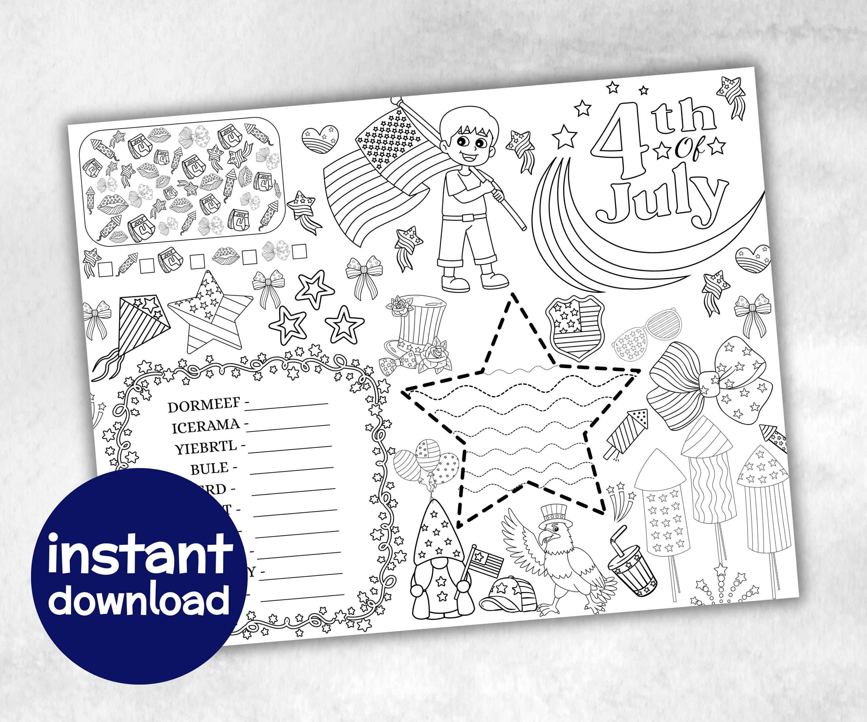 Fourth of July Placemat, Activity Placemat, Puzzles coloring page, independence day, 4th of july, Barbeque BBQ game, patriotic bundle, quiz-Holidays -TheHustlingCatLady-Party Games