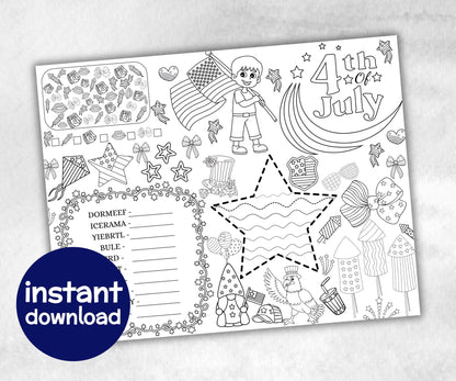Fourth of July Placemat, Activity Placemat, Puzzles coloring page, independence day, 4th of july, Barbeque BBQ game, patriotic bundle, quiz-Holidays -TheHustlingCatLady-Party Games