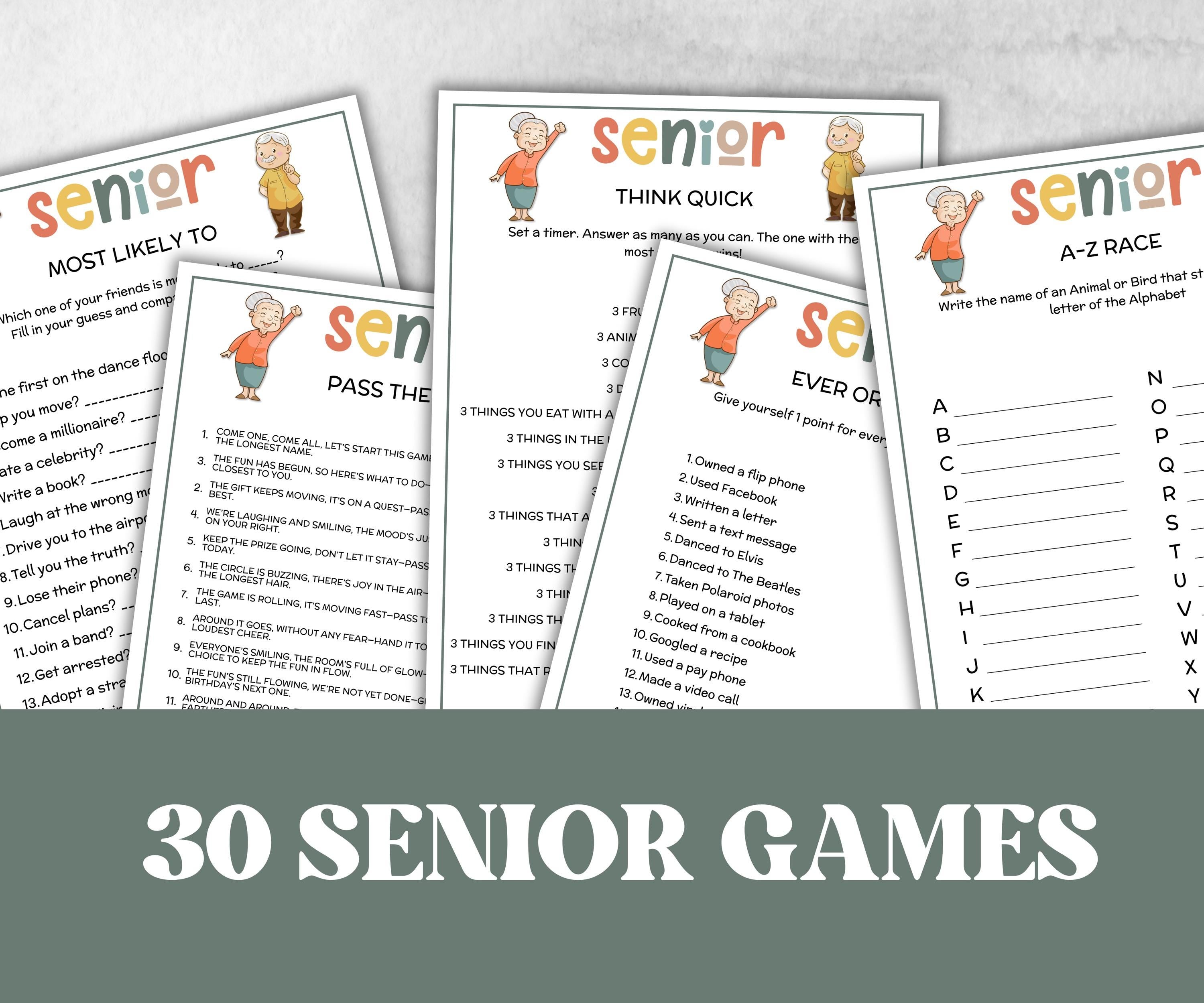 Senior Party Games Bundle, Family Game Night, senior conversations, Would you rather game, charades, most like a senior, Think Quick Trivia-Holidays -TheHustlingCatLady-Party Games