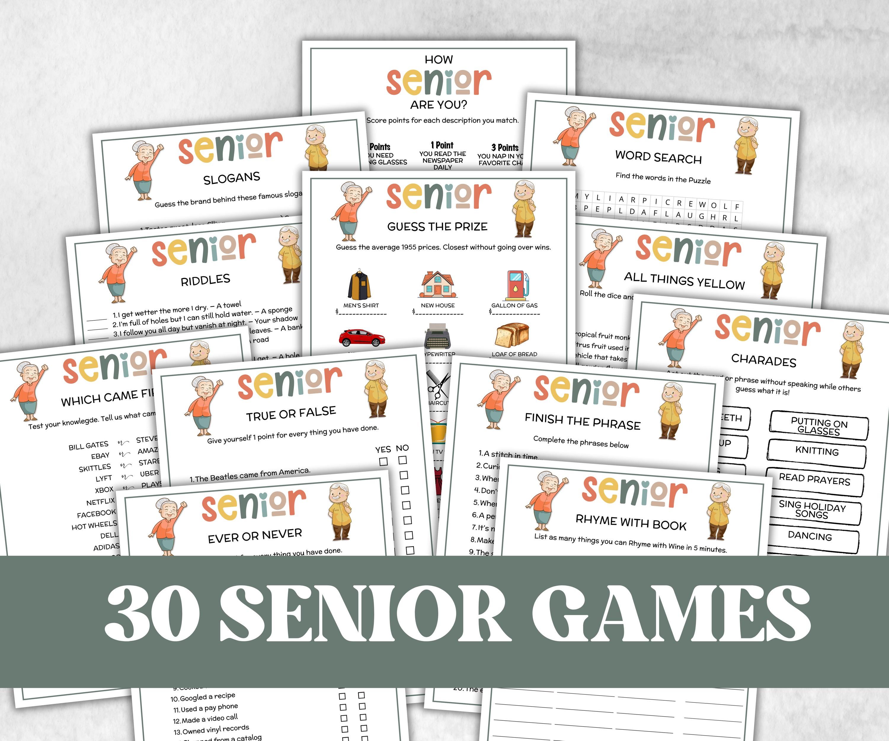 Senior Party Games Bundle, Family Game Night, senior conversations, Would you rather game, charades, most like a senior, Think Quick Trivia-Holidays -TheHustlingCatLady-Party Games