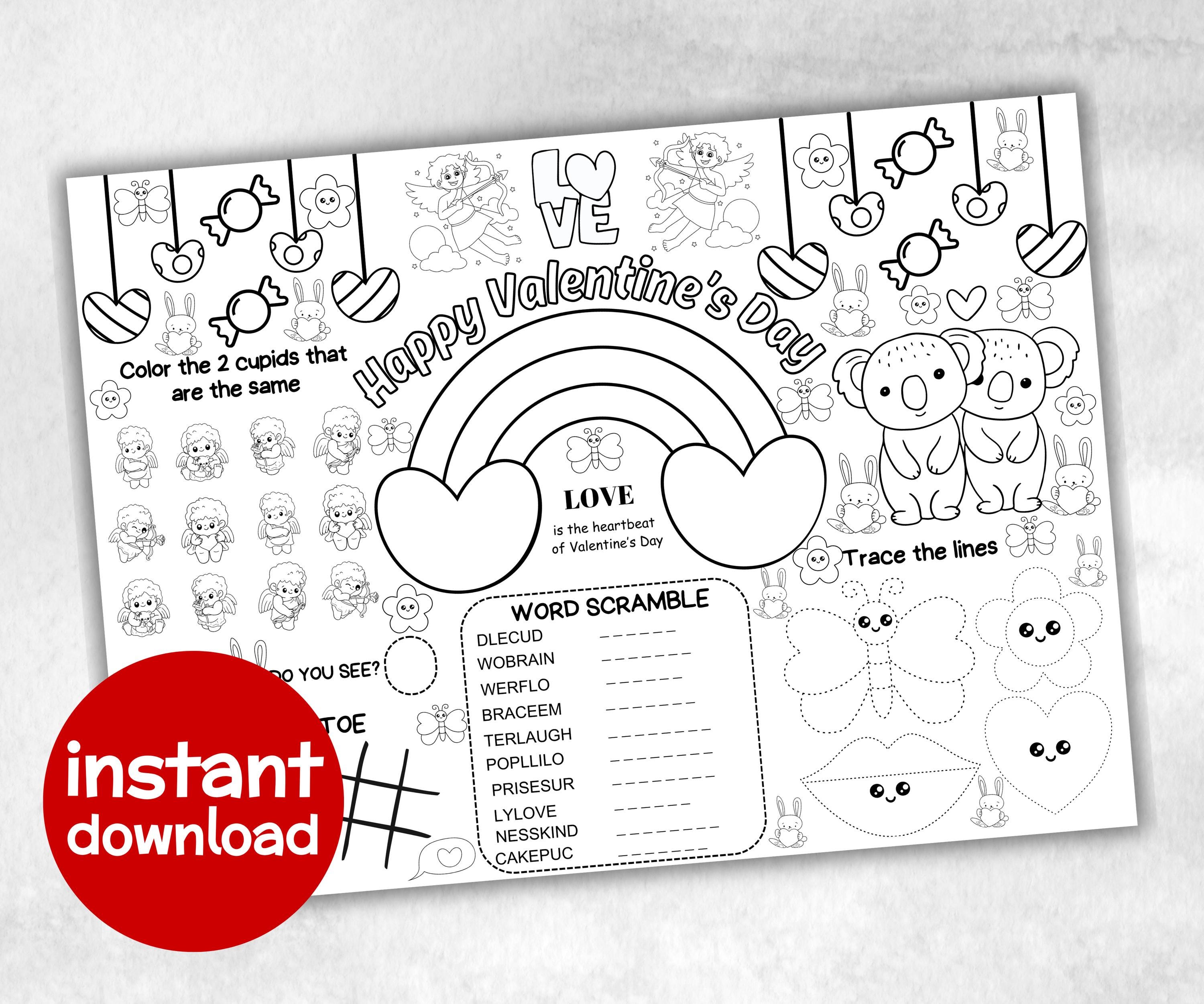 Valentines day Placemat, Activity Placemat, Puzzles coloring page, Valentines Activity, Valentine'S Day Party Gift, Printable Placemat game-Holidays -TheHustlingCatLady-Party Games