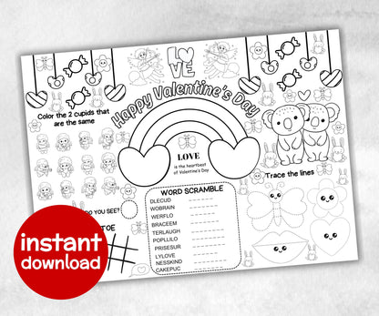 Valentines day Placemat, Activity Placemat, Puzzles coloring page, Valentines Activity, Valentine'S Day Party Gift, Printable Placemat game-Holidays -TheHustlingCatLady-Party Games