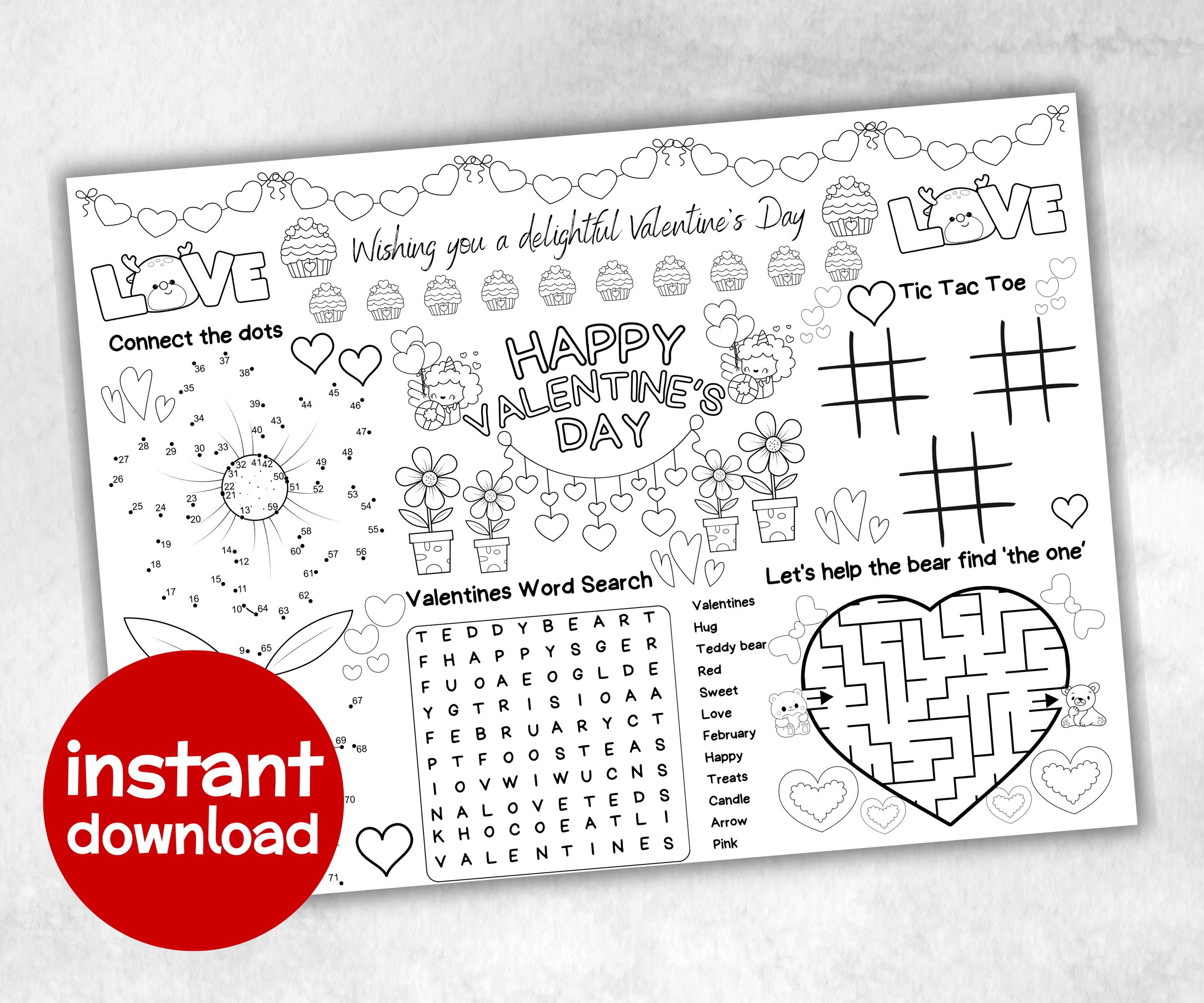 Valentines day Placemat, Activity Placemat, Puzzles coloring page, Valentines Activity, Valentine'S Day Party Gift, Printable Placemat game-Holidays -TheHustlingCatLady-Party Games