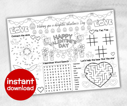Valentines day Placemat, Activity Placemat, Puzzles coloring page, Valentines Activity, Valentine'S Day Party Gift, Printable Placemat game-Holidays -TheHustlingCatLady-Party Games