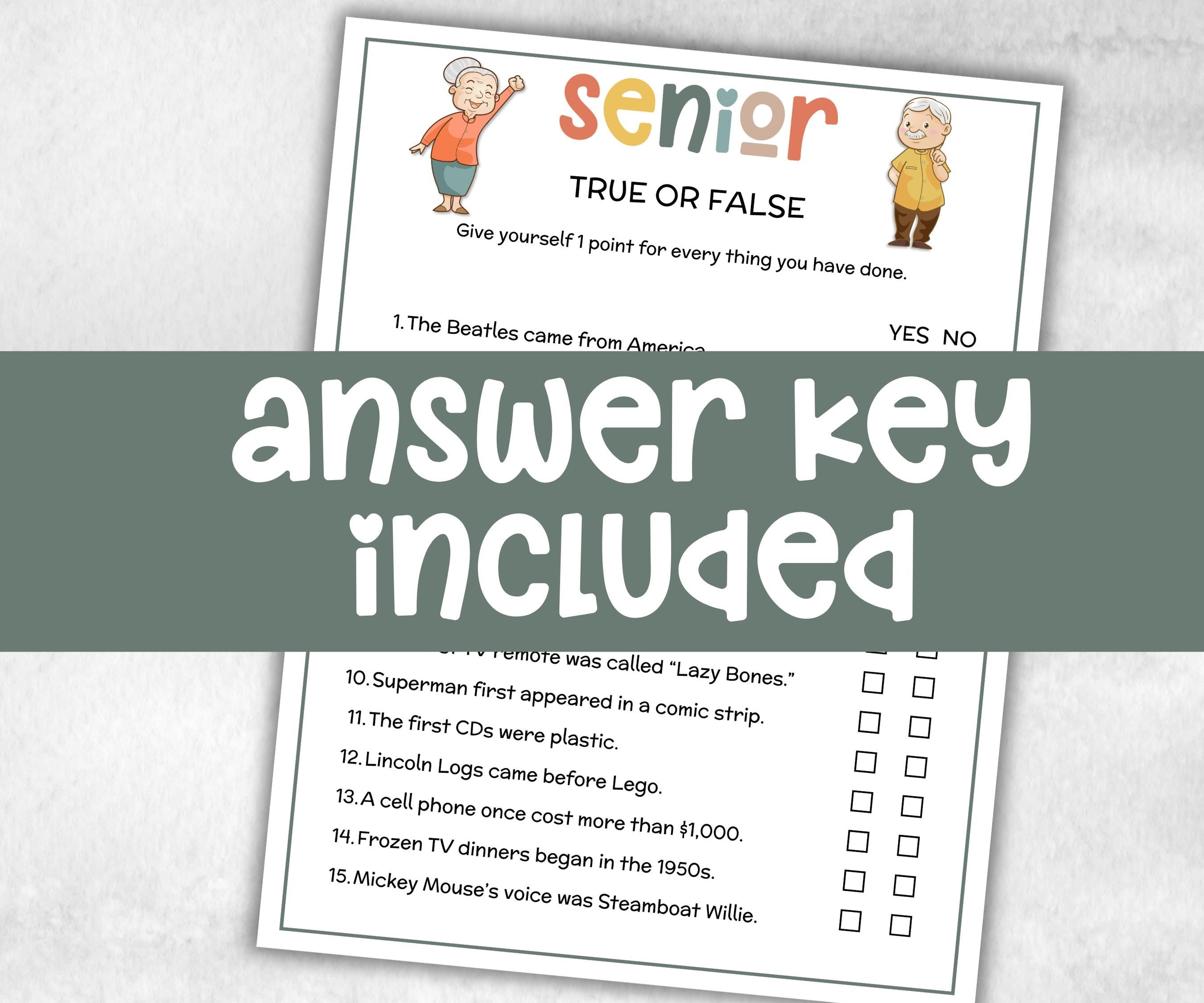 Senior True or False, Family Game Night, Dementia Activity, Retirement Games, Senior Citizens, Nursing Home Game, Senior Living Party game-Holidays -TheHustlingCatLady-Party Games