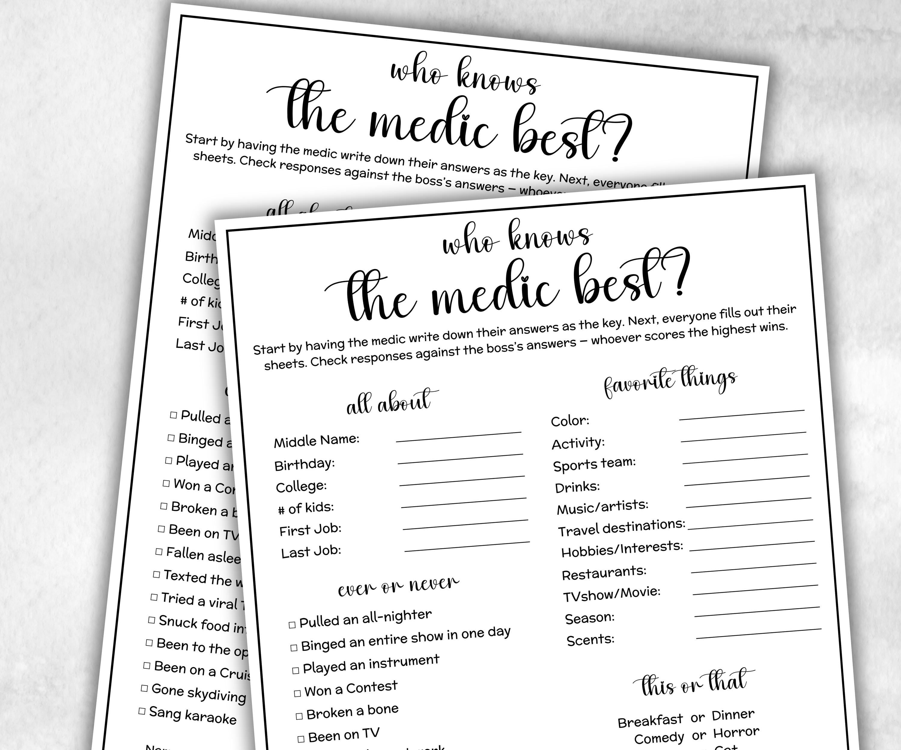 How well do you know the medic, hospital icebreaker,medsurg medic rn bsn, healthcare radiology, nurse graduation, medical staff, nursing-Holidays -TheHustlingCatLady-Party Games