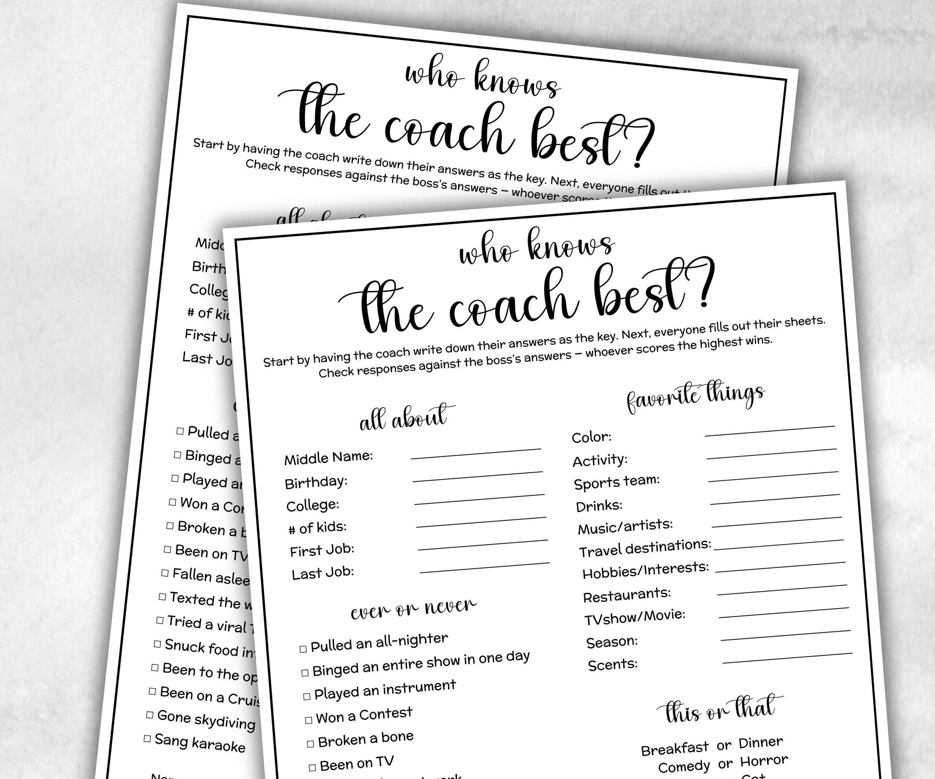 How well do you know the coach, sports team, coach birthday, Sports Holiday, coworker questions, adults questionnaire, team member survey-Holidays -TheHustlingCatLady-Party Games