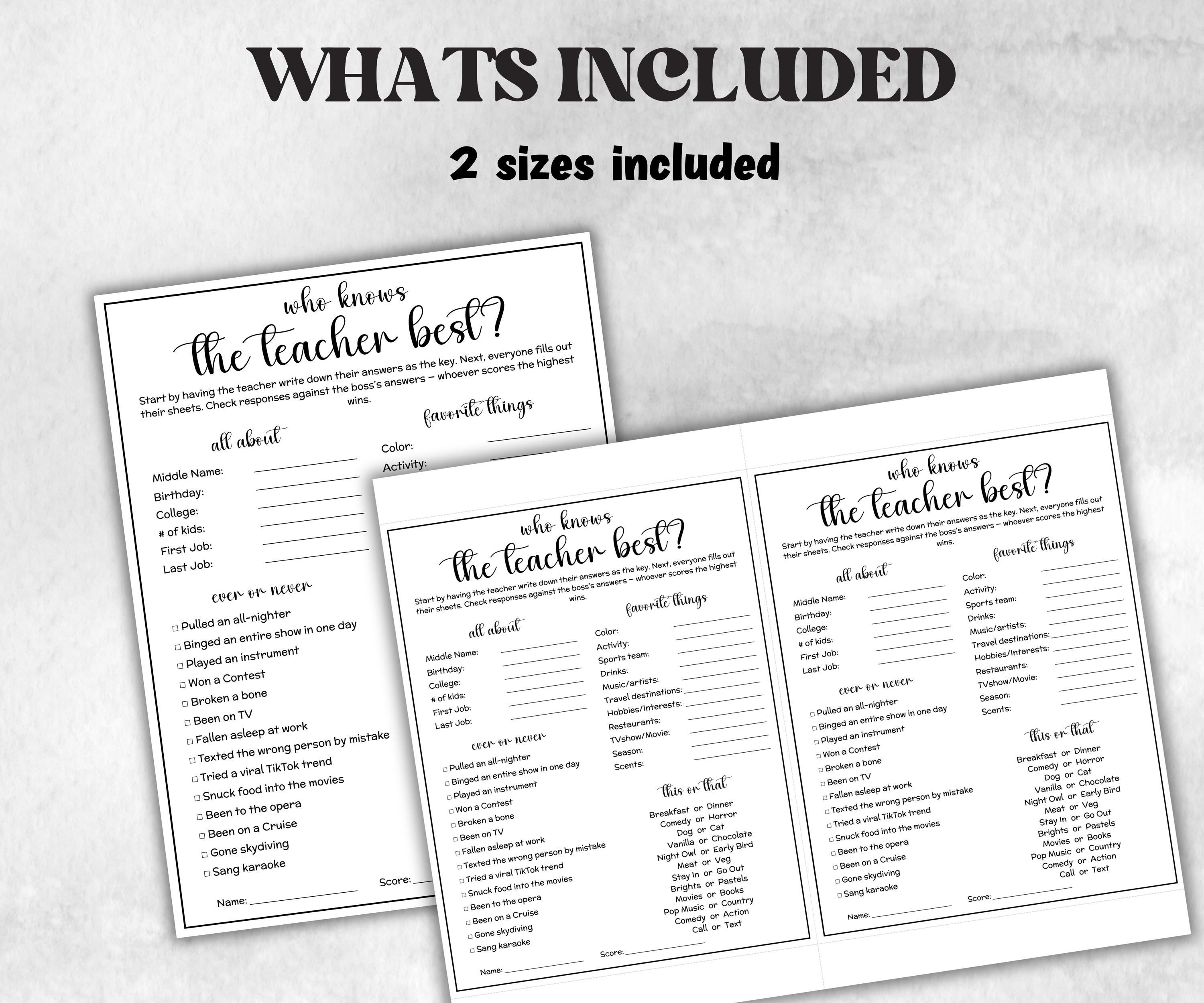 Who knows teacher best, Teacher favorites list, Teacher Survey, Teacher questionnaire, Few of my favorite things, Teacher appreciation day-Holidays -TheHustlingCatLady-Party Games