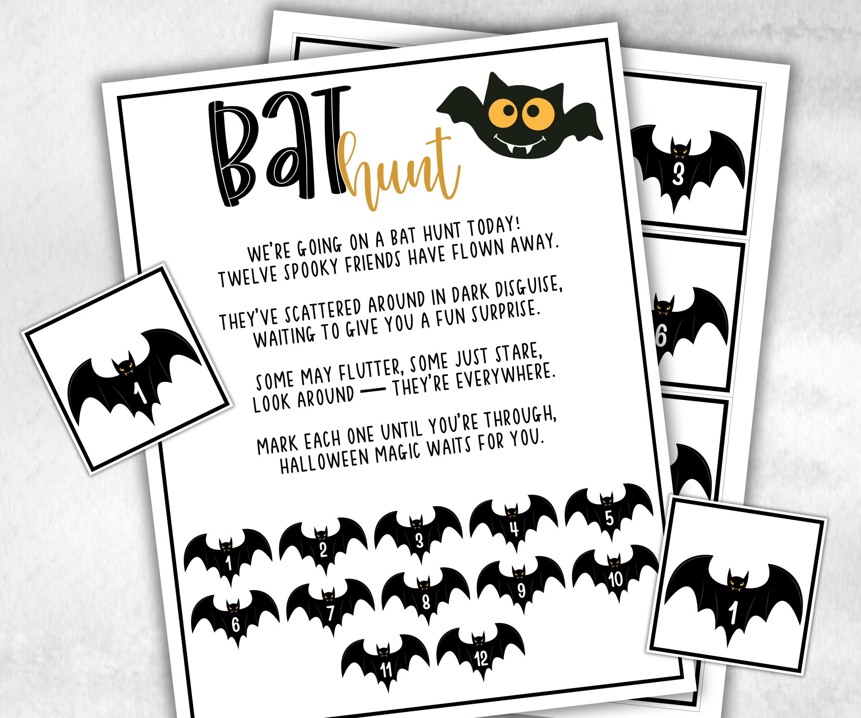 Bat scavenger hunt game, fun spooky clue hunt, trick or treat, ghost bones game, kids bat games, halloween treasure scavenger party, school-Halloween Printables -TheHustlingCatLady-Party Games