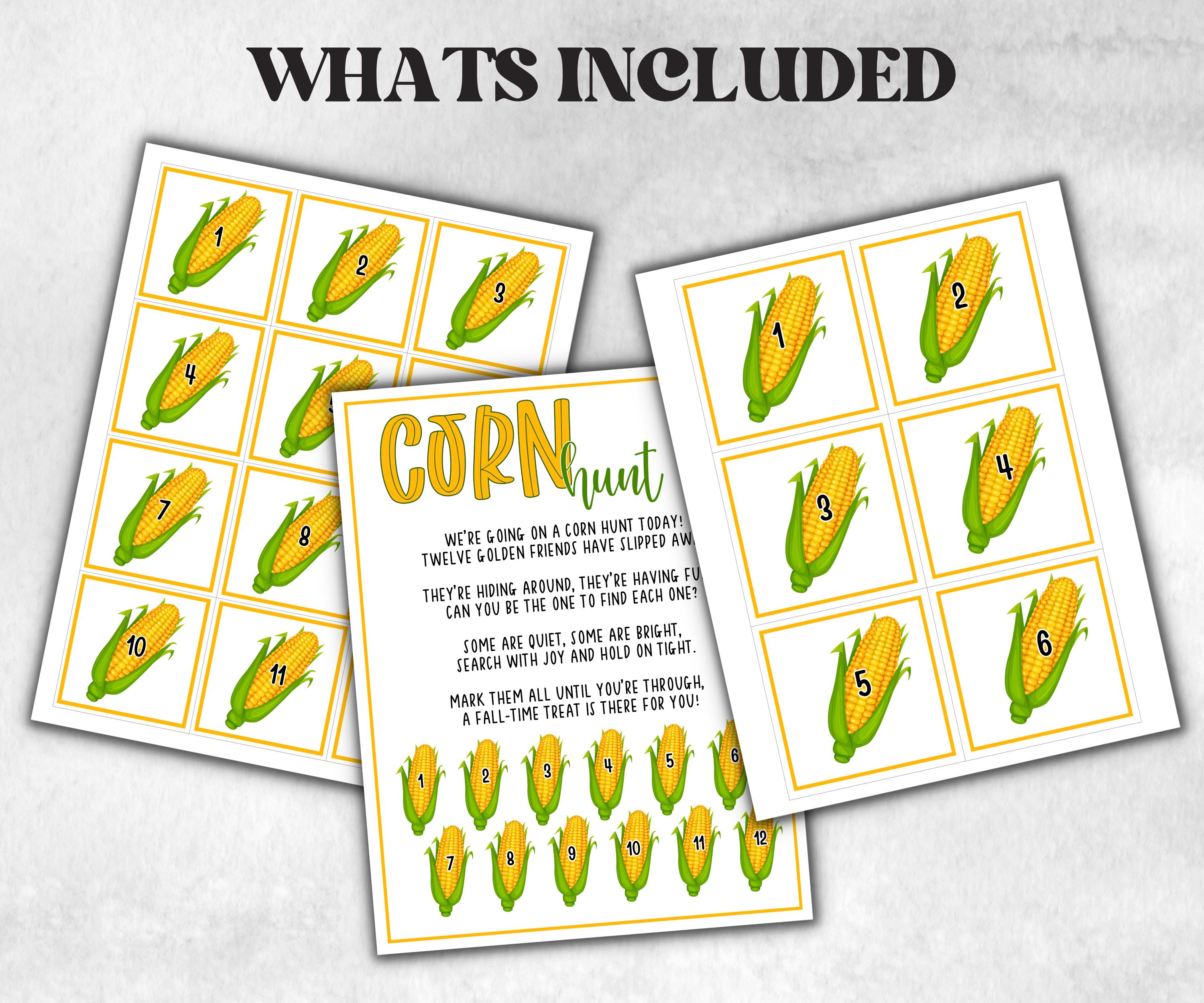 Corn scavenger hunt game, fall harvest hunt, thanksgiving games, autumn home hunt, fall neighborhood, family game night, treasure hunt clues-Thanksgiving -TheHustlingCatLady-Party Games